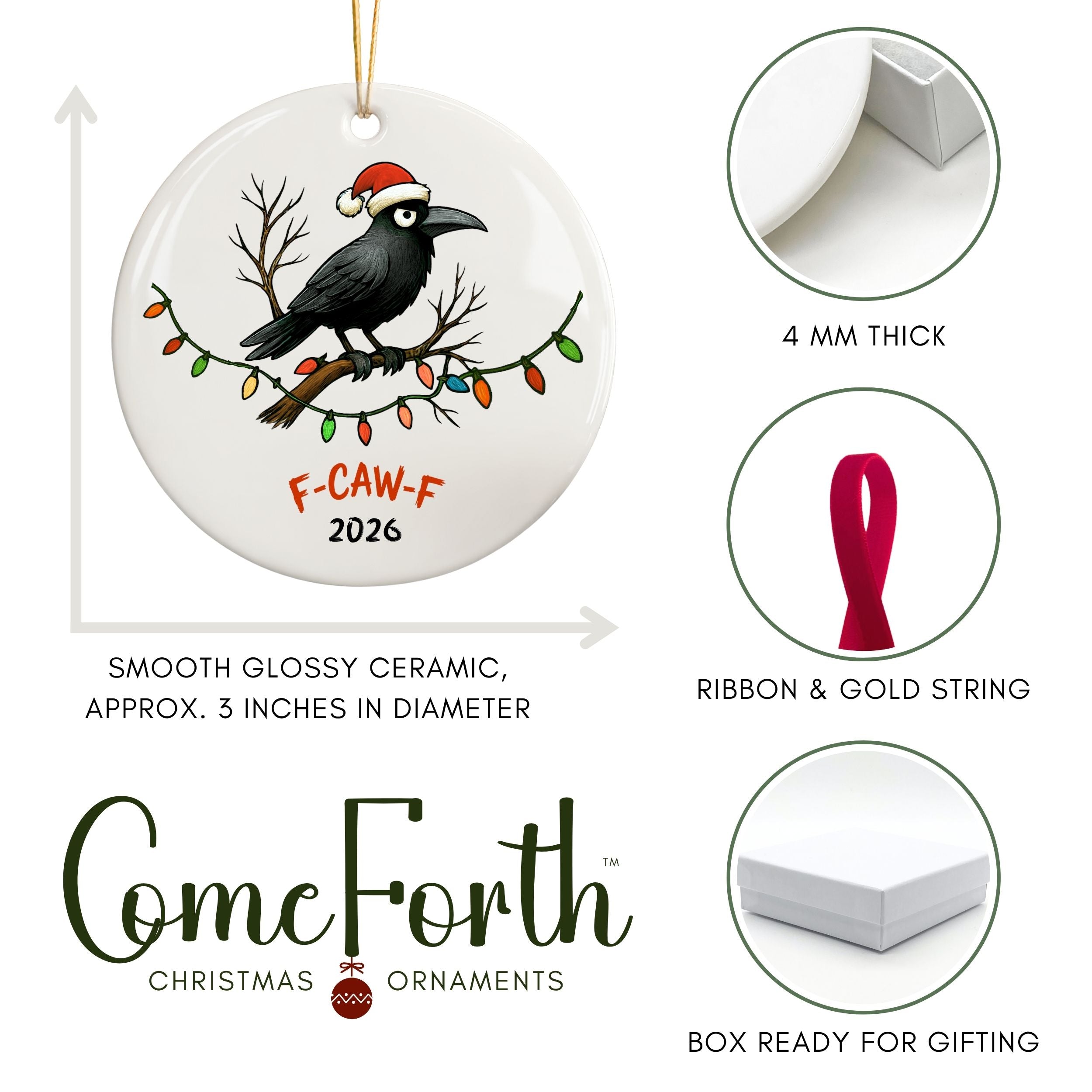Funny 2026 Crow Christmas Ornament, F-CAW-F Year in Review Coworker Gift