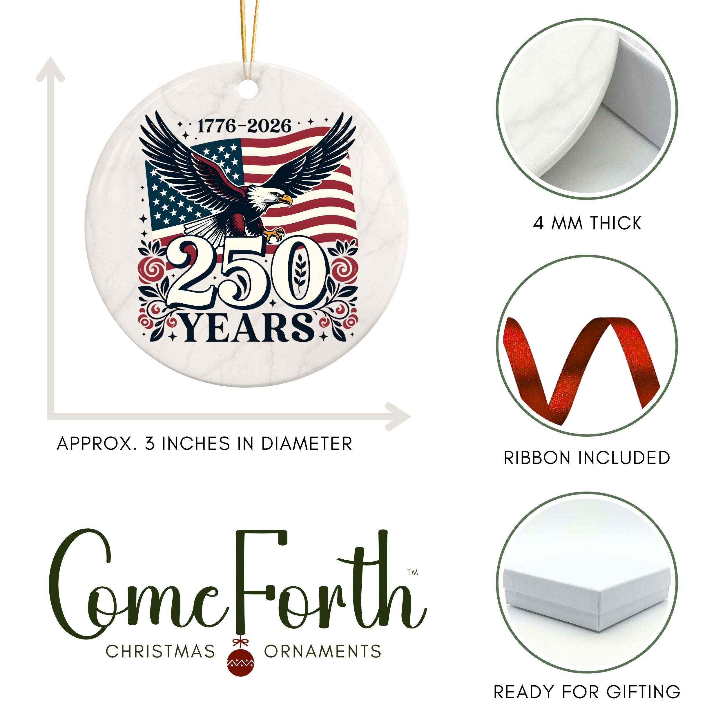 250th American Commemorative Christmas Ornament, United States Semiquincentennial Keepsake, Wholesale Case of 4