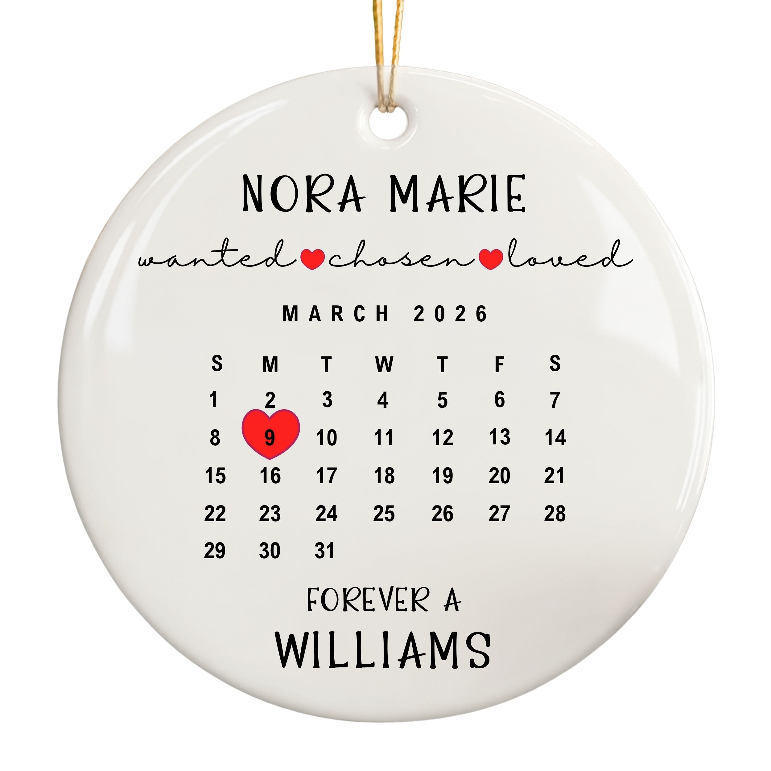 Adoption Christmas Ornament, Custom Calendar Gotcha Day Gift