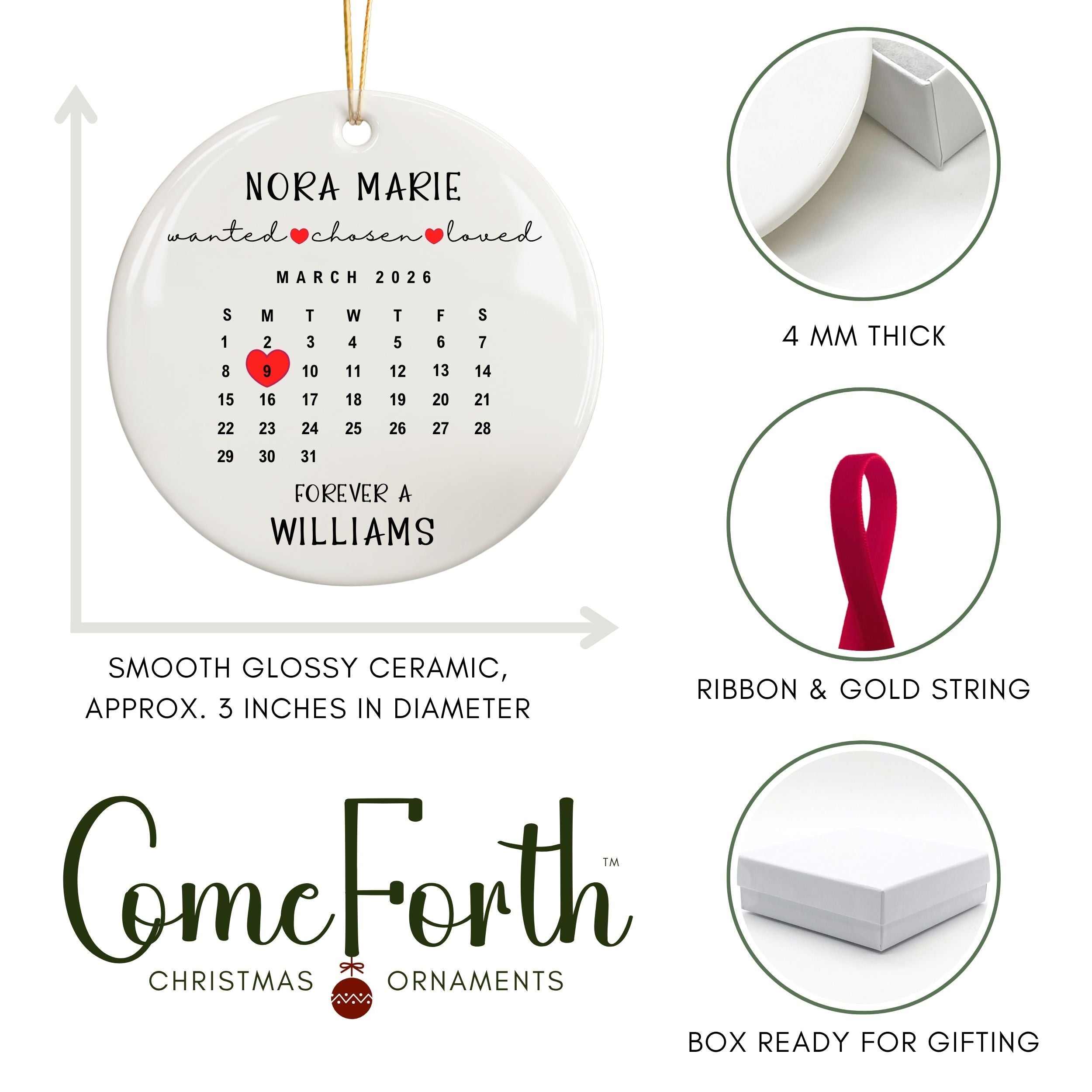 Adoption Christmas Ornament, Custom Calendar Gotcha Day Gift