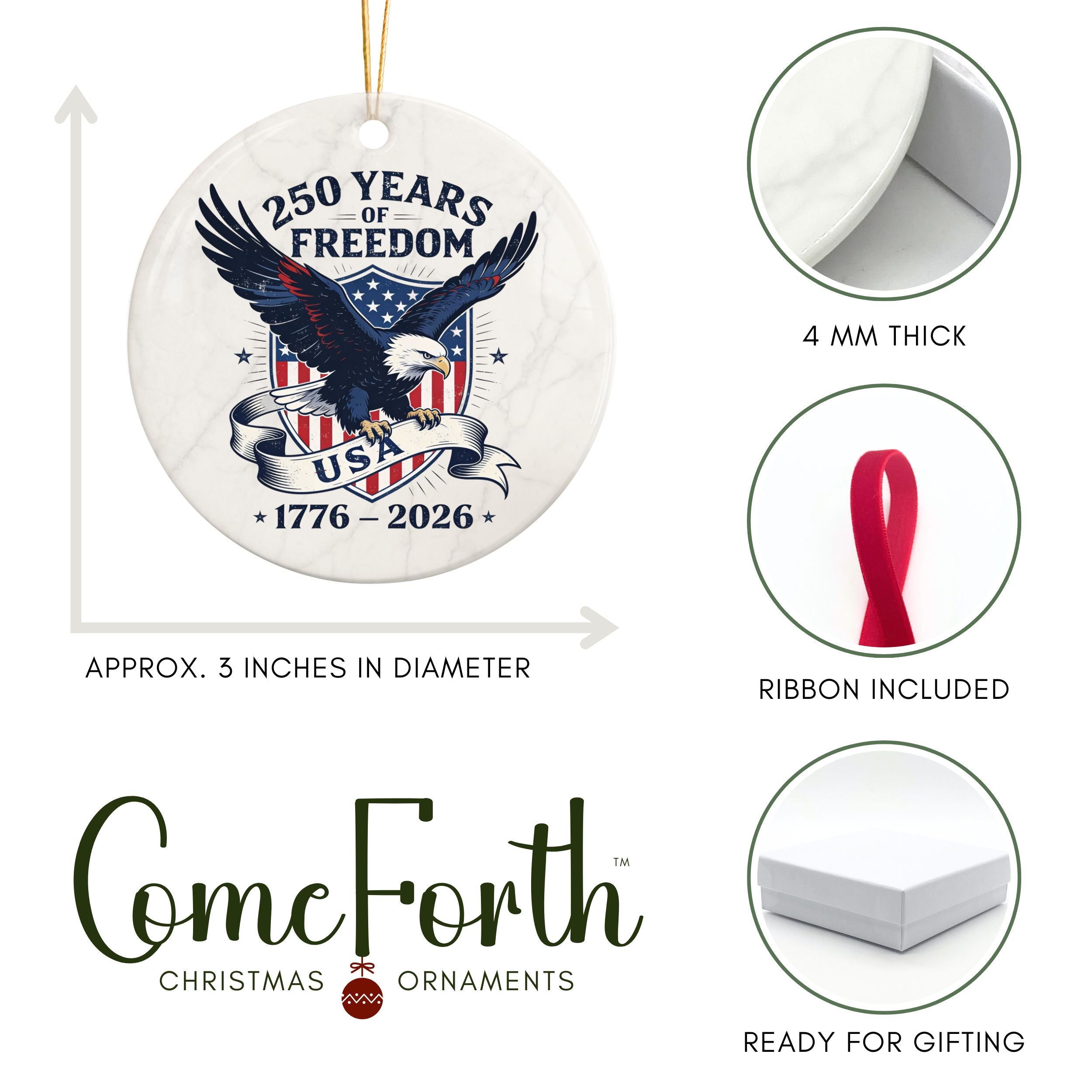 American 250th Commemorative Christmas Ornament, United States Semiquincentennial Keepsake, Wholesale Case of 4