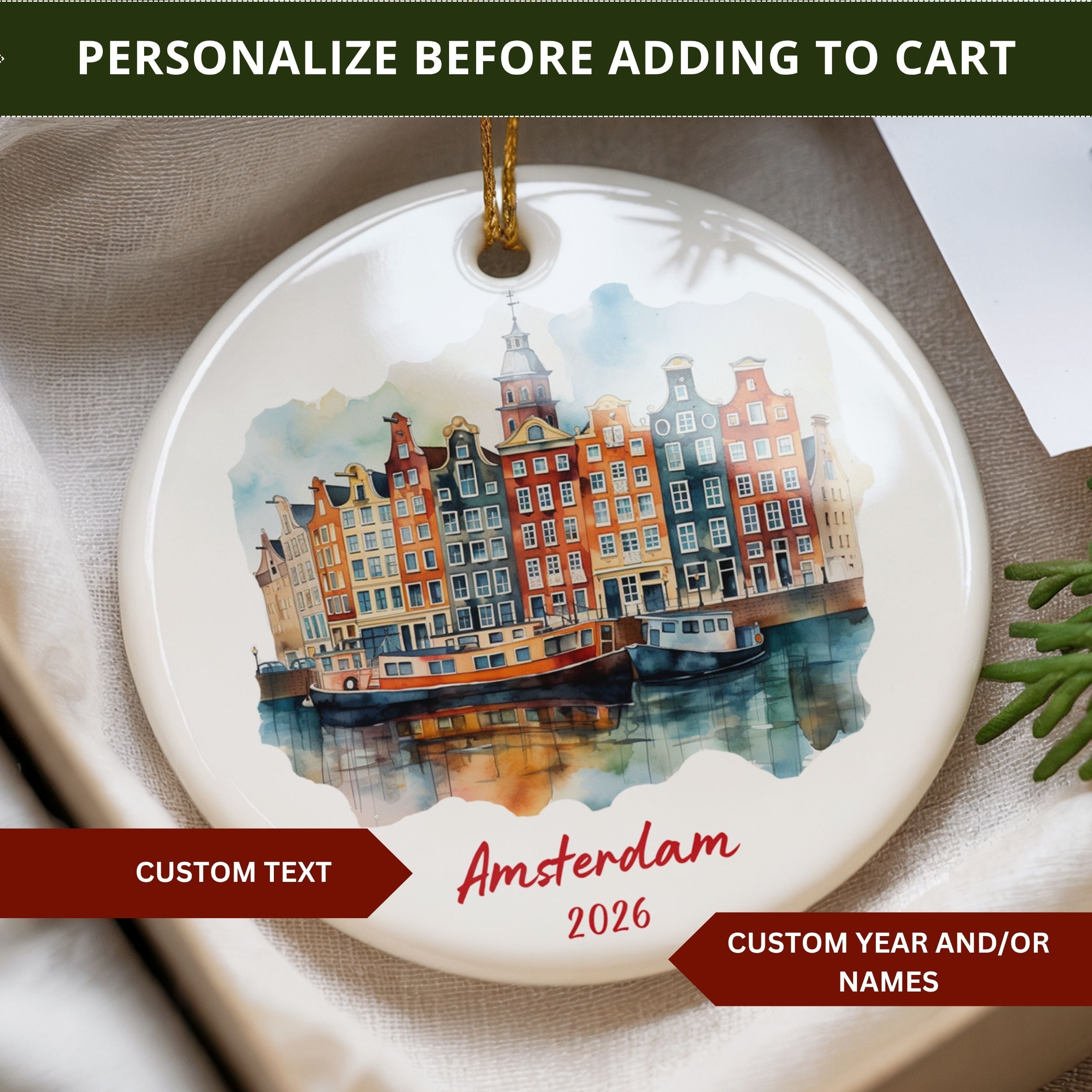 Amsterdam Christmas Ornament, Personalized Holland Travel Gift