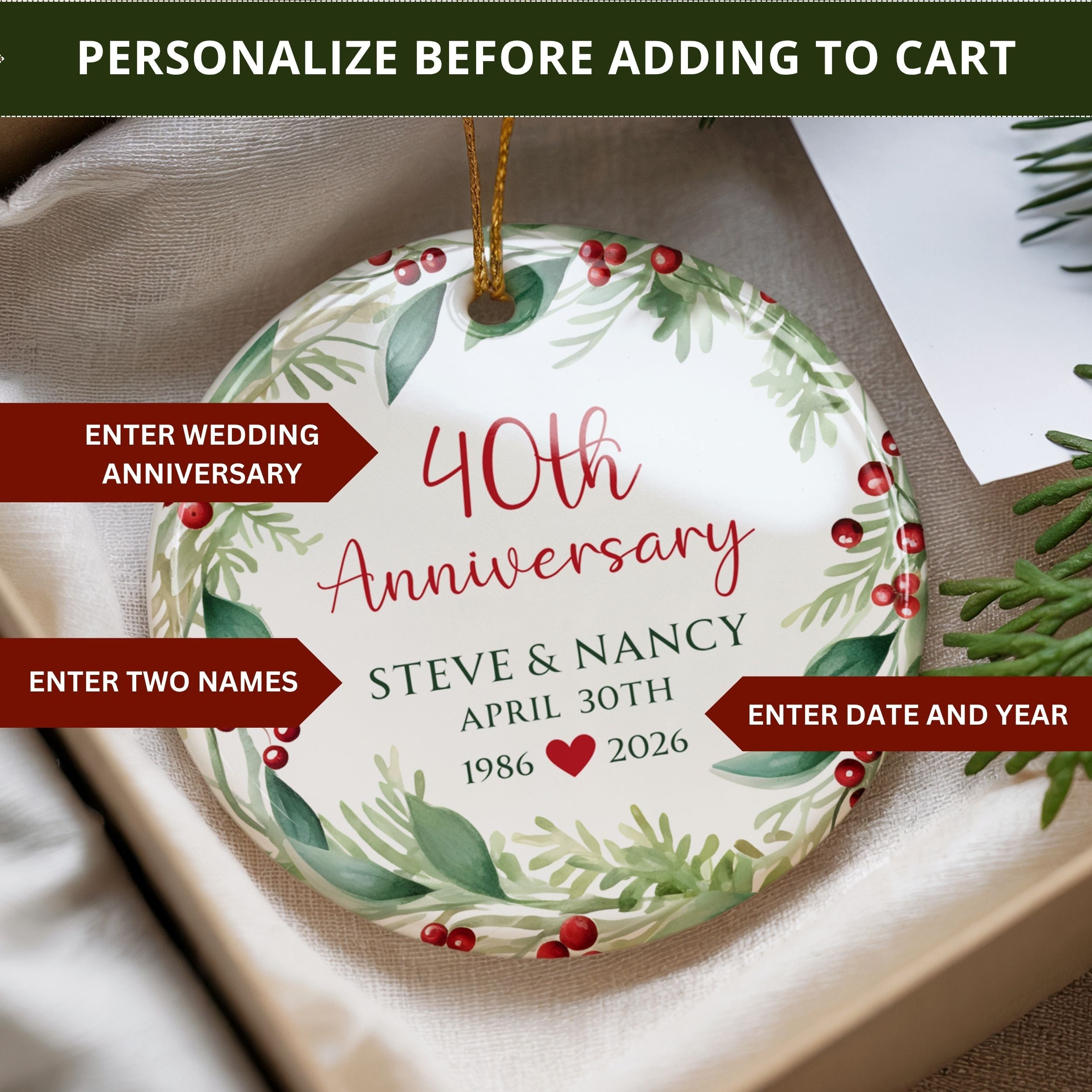 Anniversary Christmas Ornament, Personalized Anniversary Gift