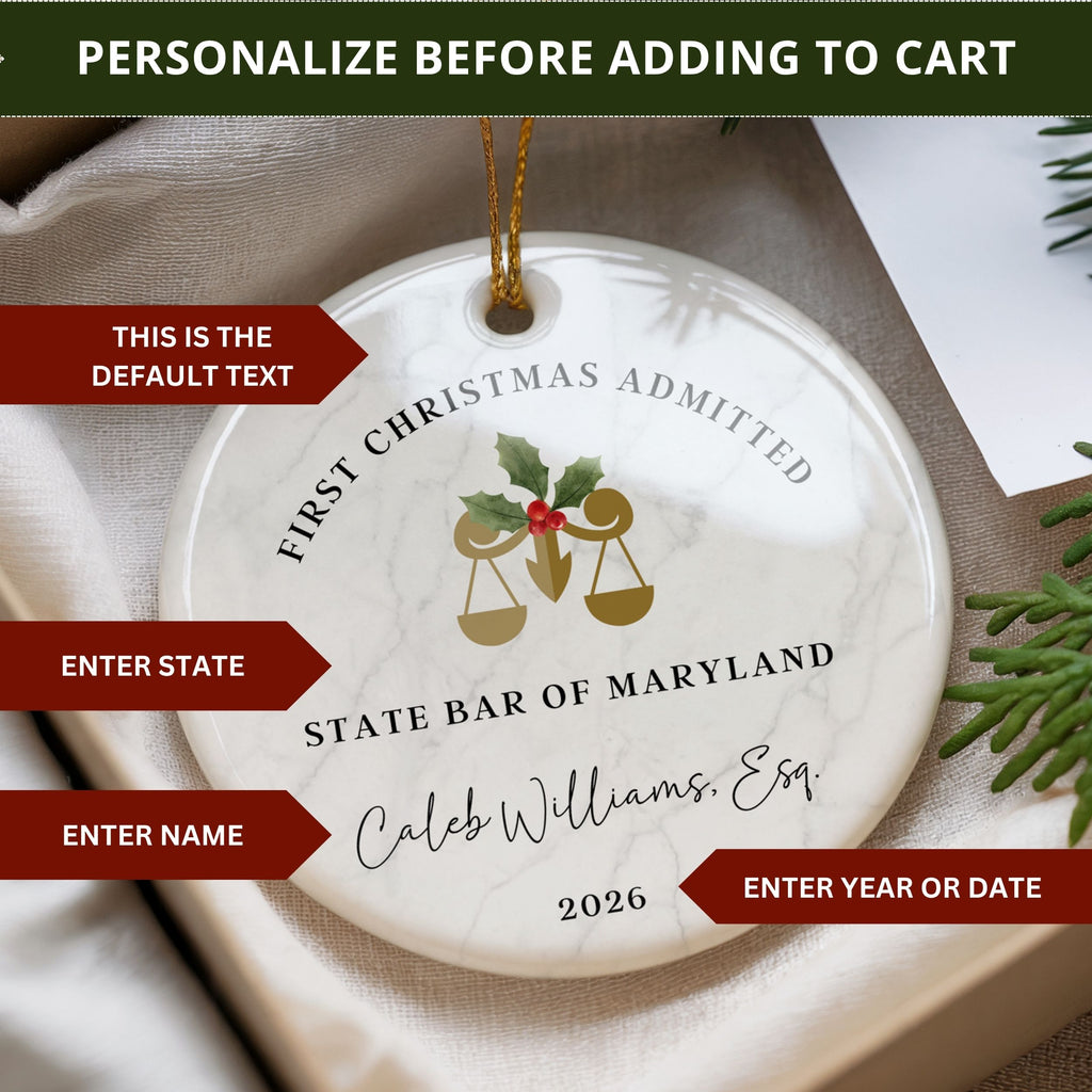 Attorney Ornament, First Christmas Admitted, New Lawyer Graduation Gift