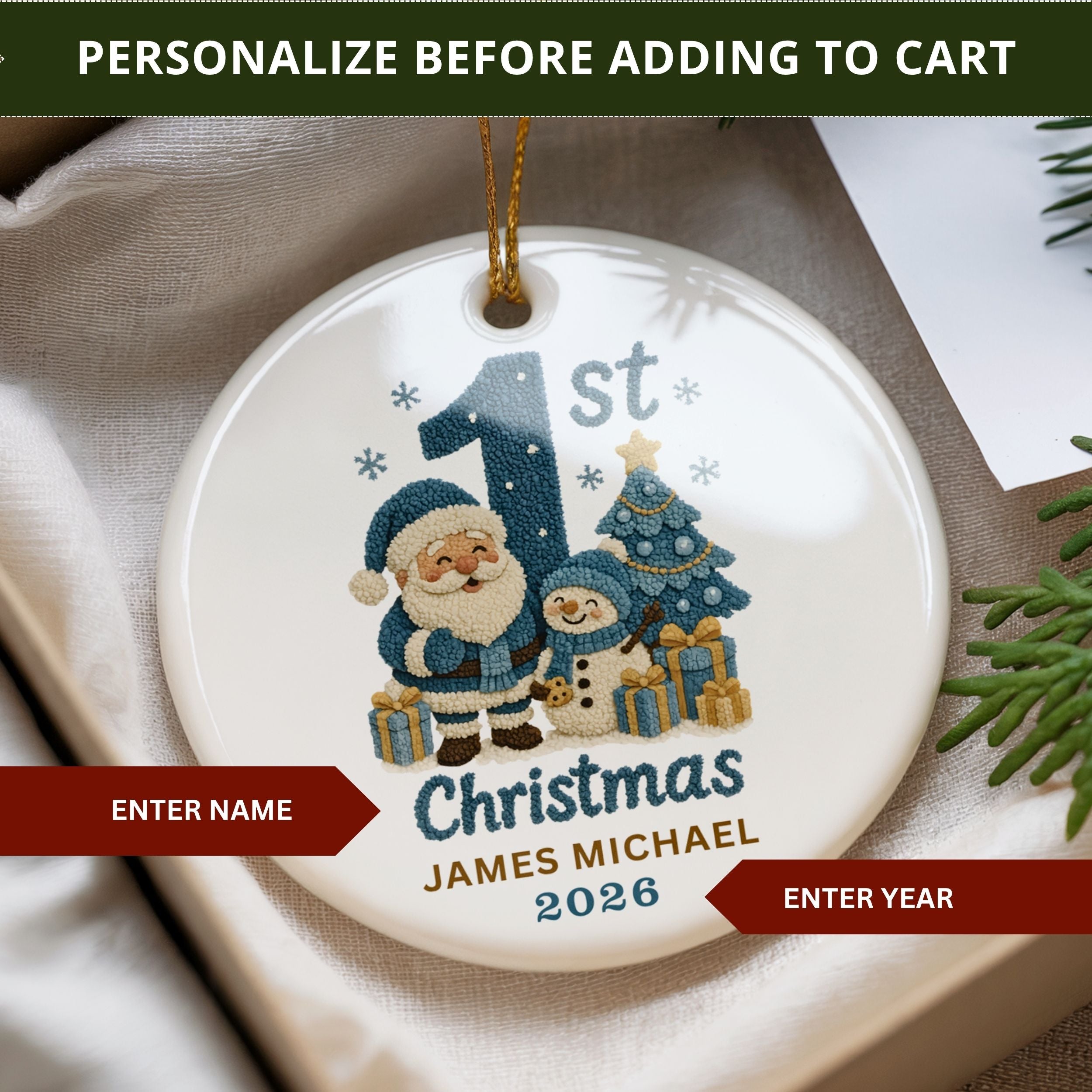 Baby Boy First Christmas Ornament, Custom Name Newborn Keepsake