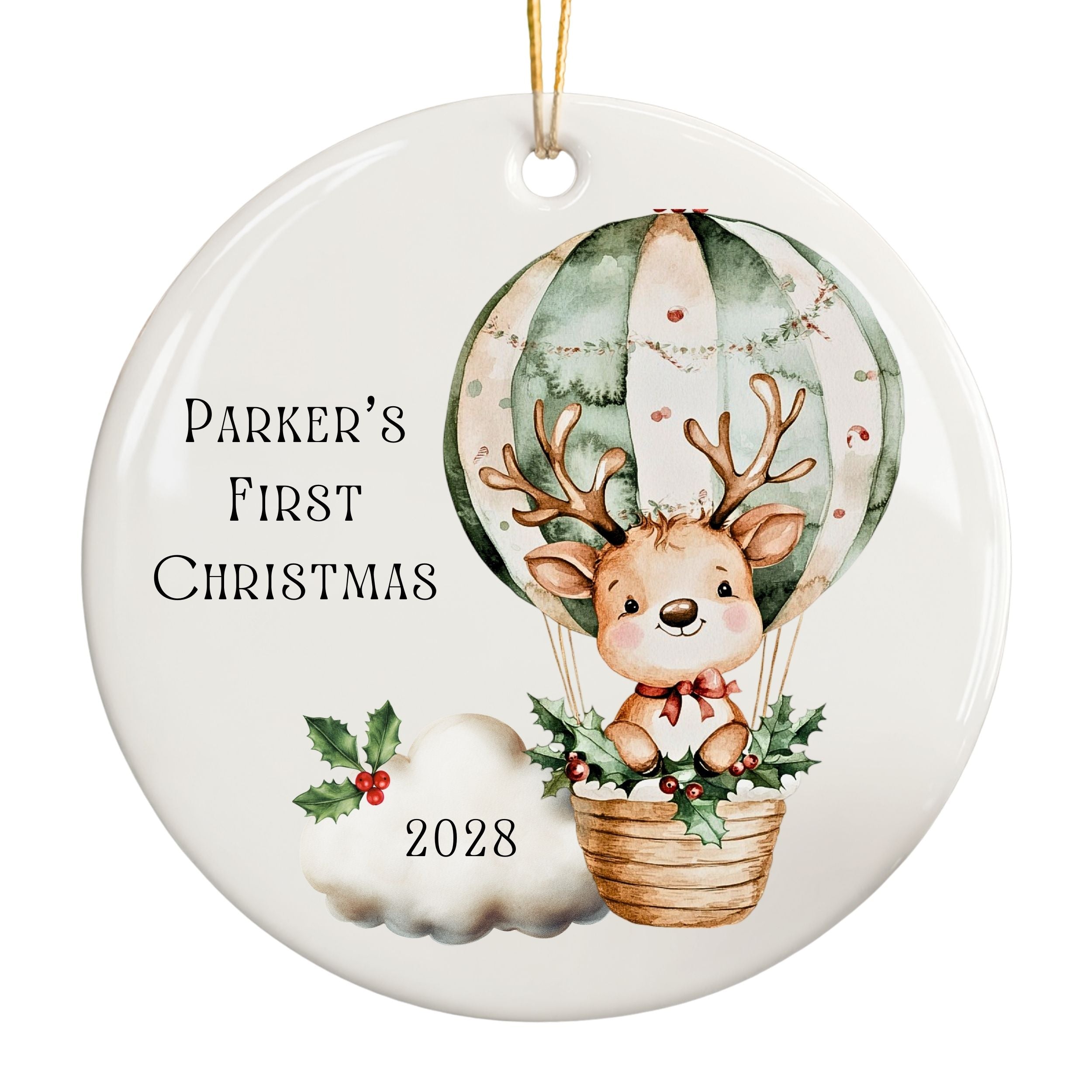 Baby's First Christmas Ornament, Personalized Neutral Hot Air Balloon