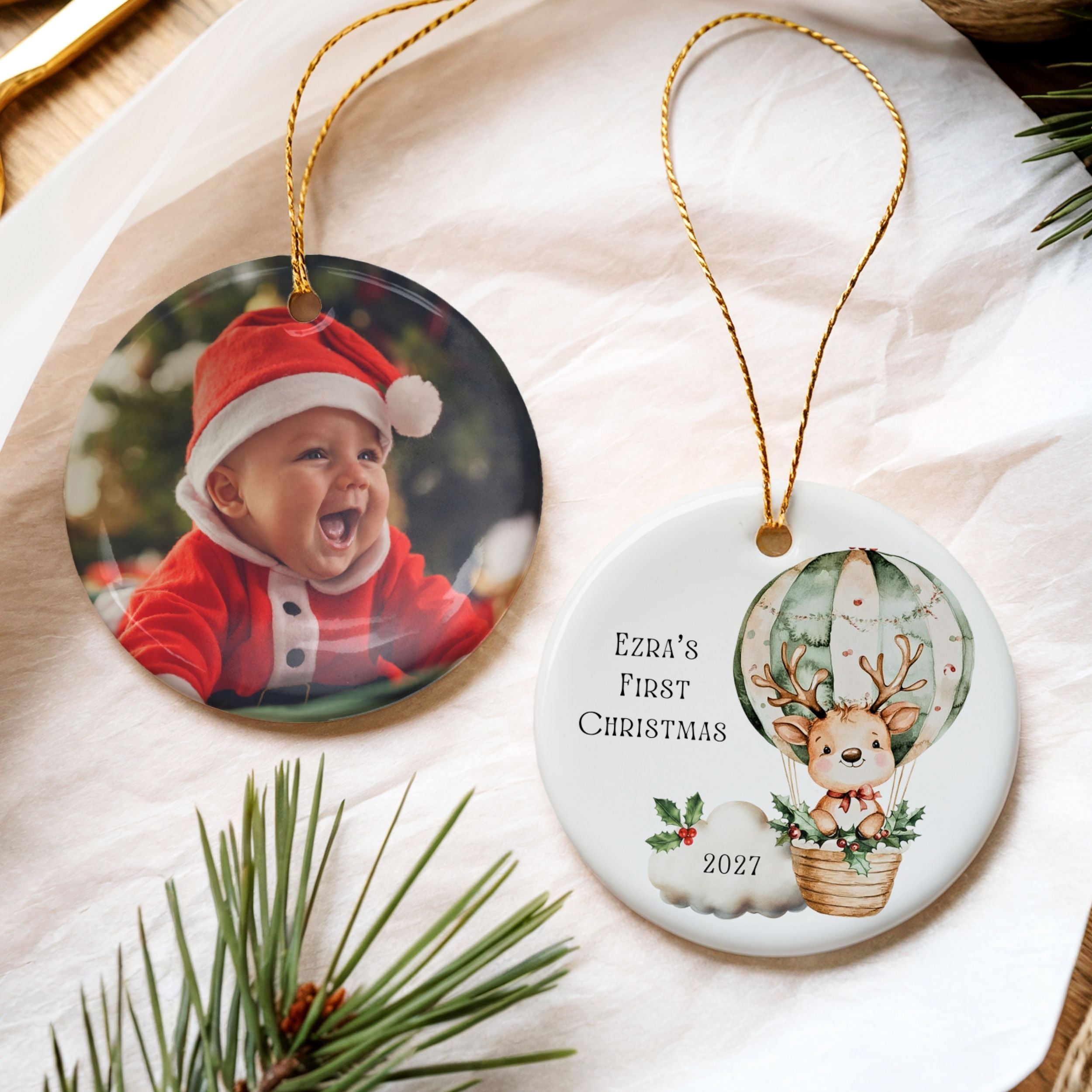 Baby's First Christmas Ornament, Personalized Neutral Hot Air Balloon