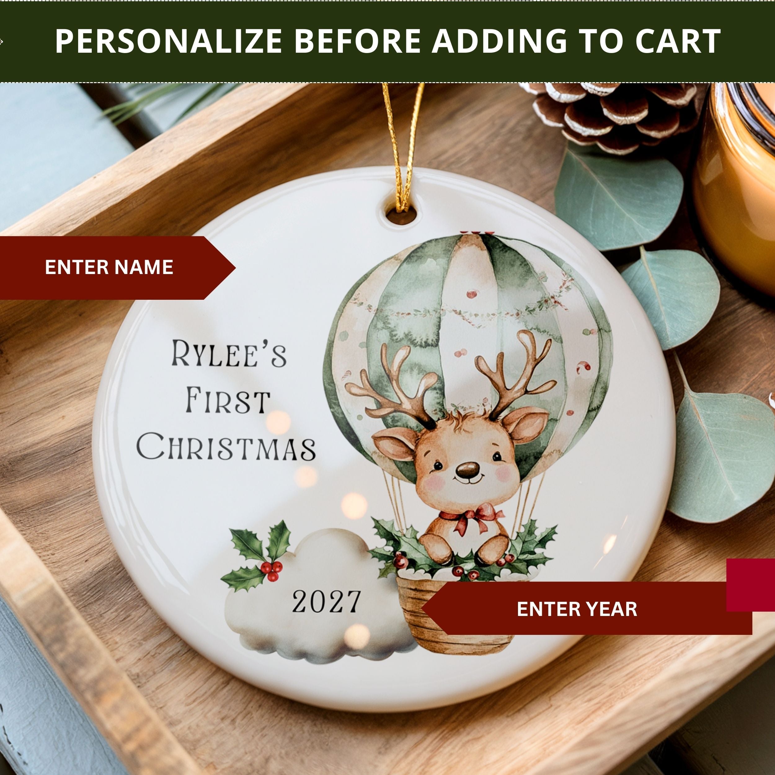 Baby's First Christmas Ornament, Personalized Neutral Hot Air Balloon