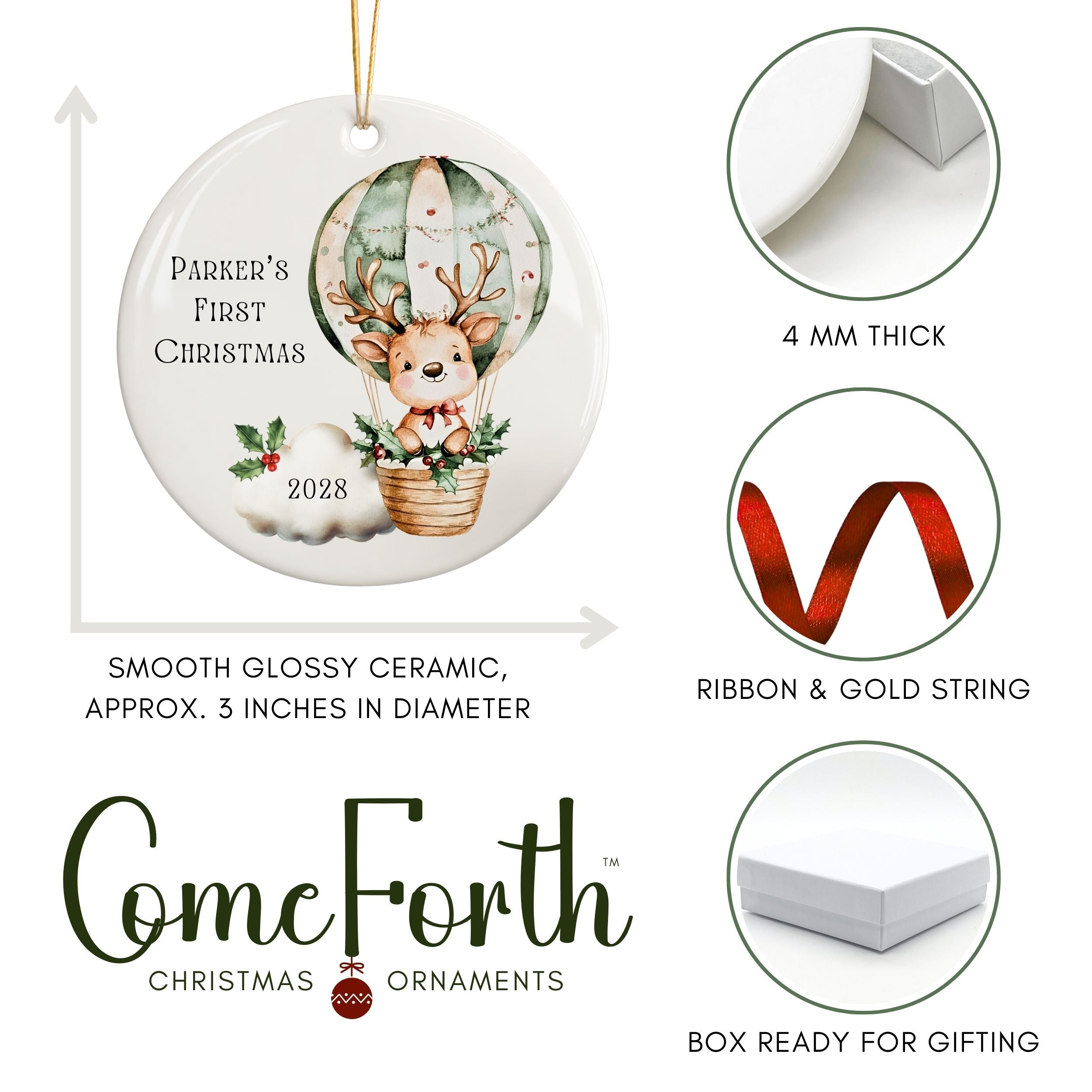 Baby's First Christmas Ornament, Personalized Neutral Hot Air Balloon