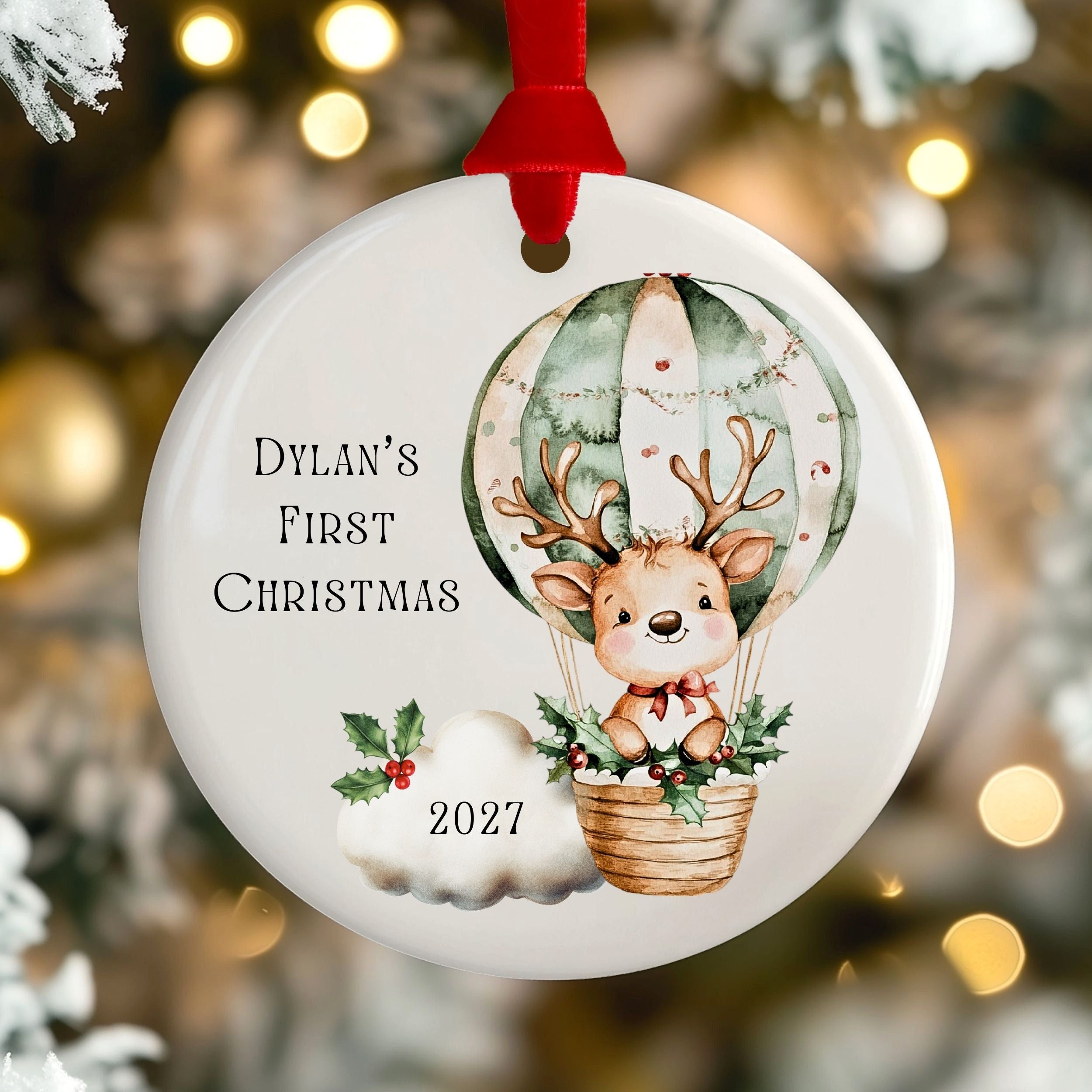 Baby's First Christmas Ornament, Personalized Neutral Hot Air Balloon