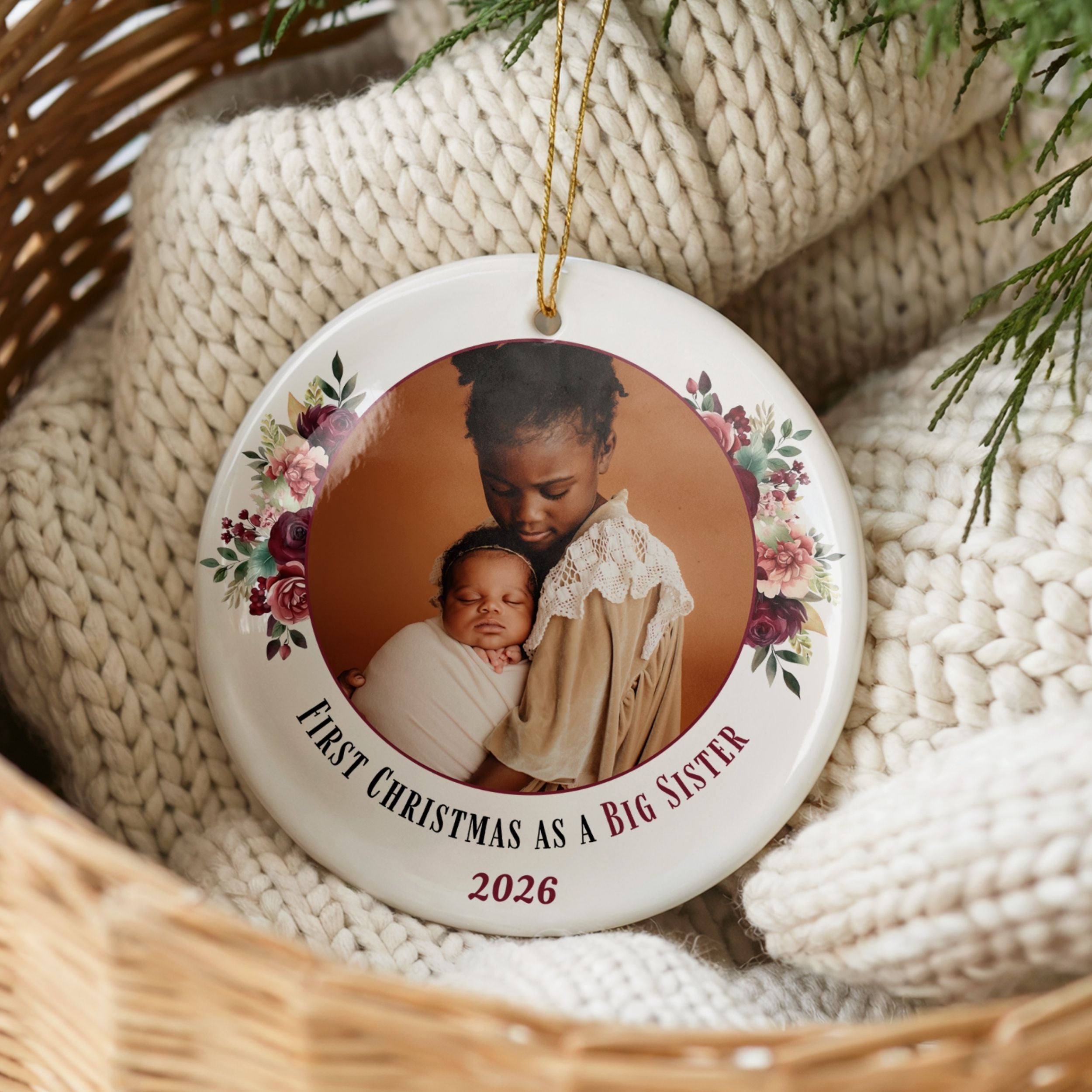 Big Sister Ornament, Personalized Promoted to Big Sister Photo Gift