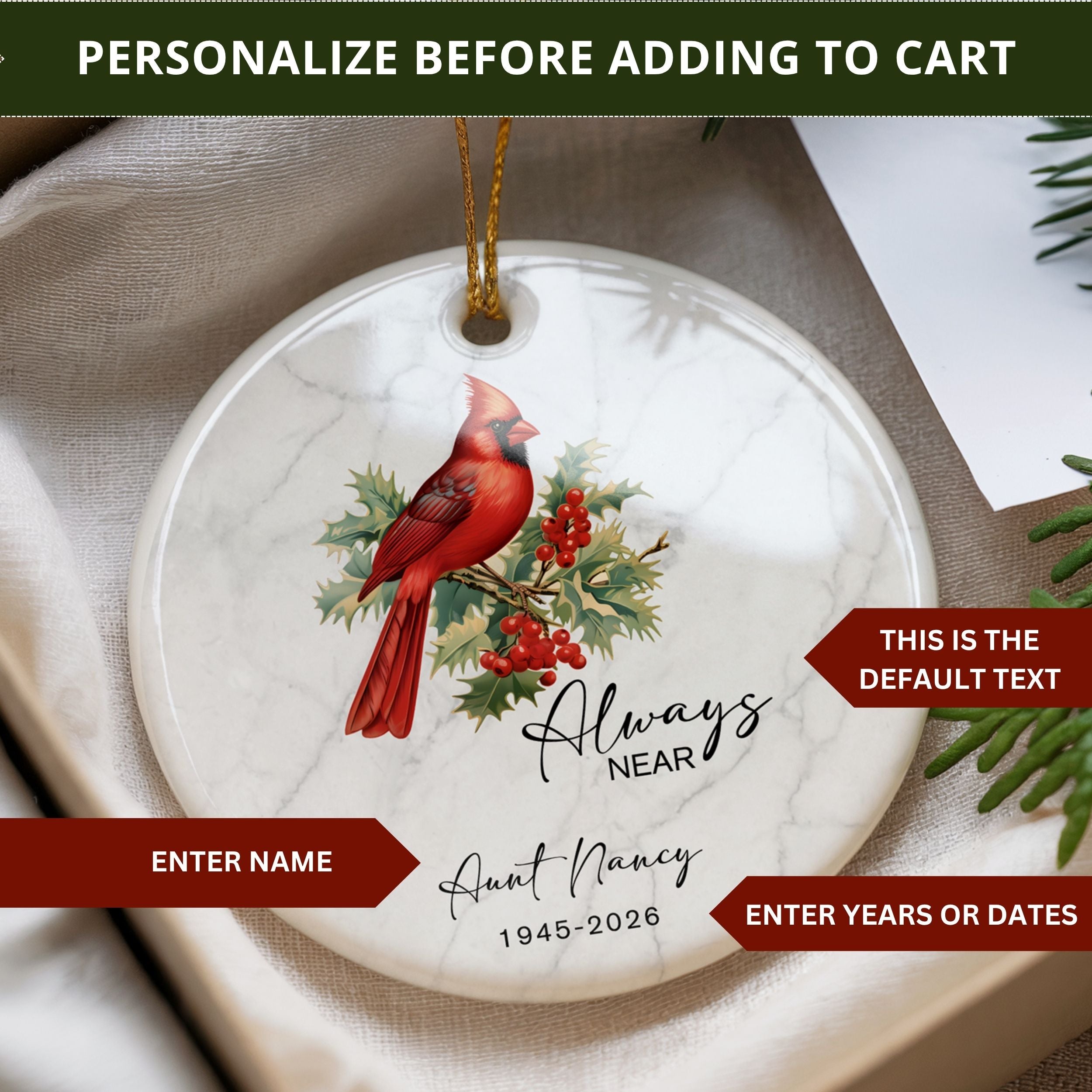 Cardinal Memorial Christmas Ornament, Personalized Sympathy Gift