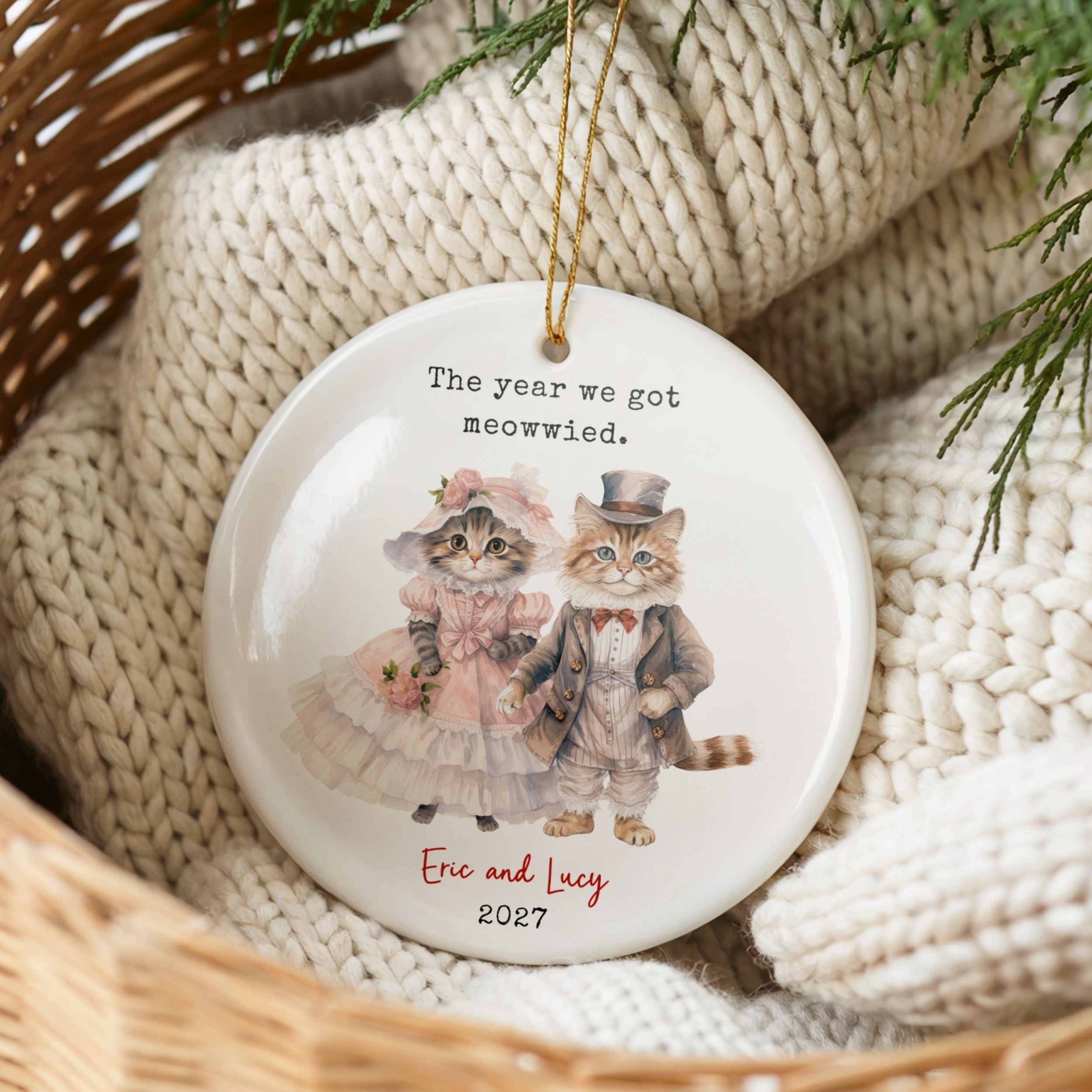 Cat Ornament, Custom Wedding Gift, The Year We Got Meowwied