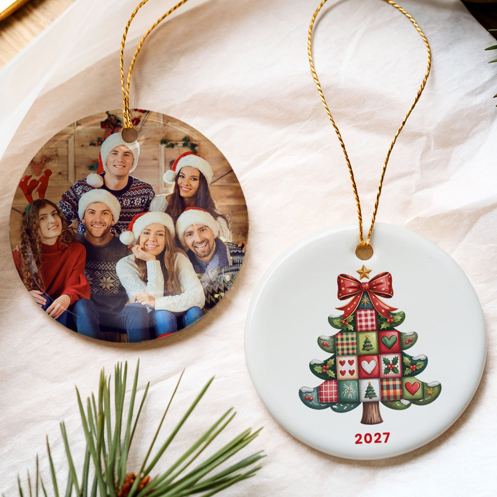 Patchwork Christmas Tree Ornament, Personalized Annual Photo Keepsake