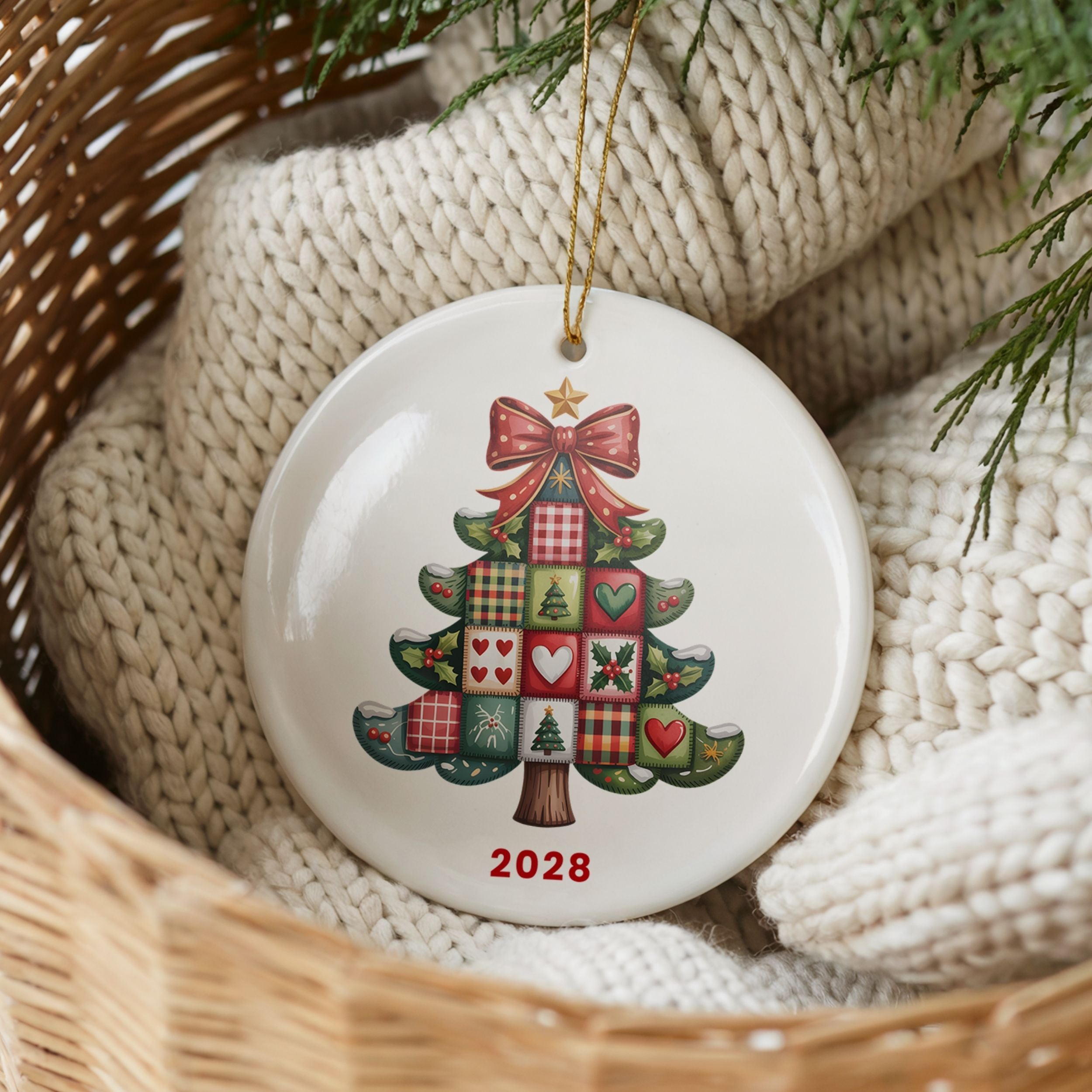 Patchwork Christmas Tree Ornament, Personalized Annual Photo Keepsake