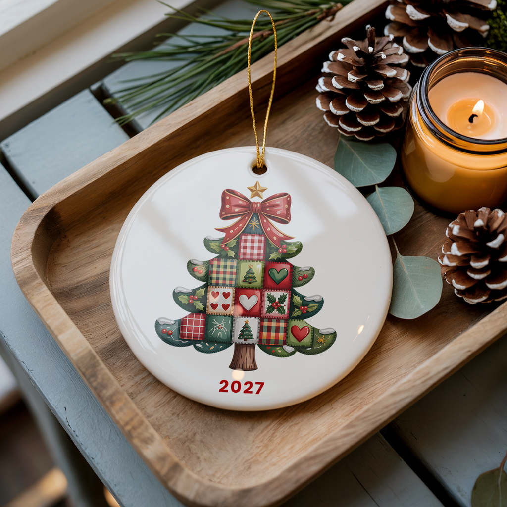 Patchwork Christmas Tree Ornament, Personalized Annual Photo Keepsake