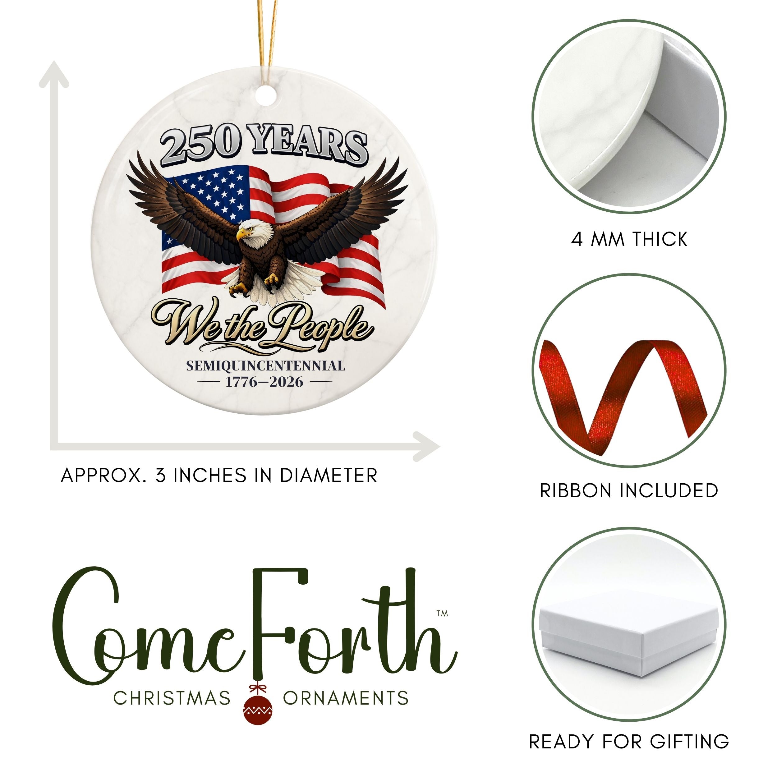 250 Commemorative Ornament, American Anniversary Semiquincentennial Christmas Ornament, Wholesale Case of 4