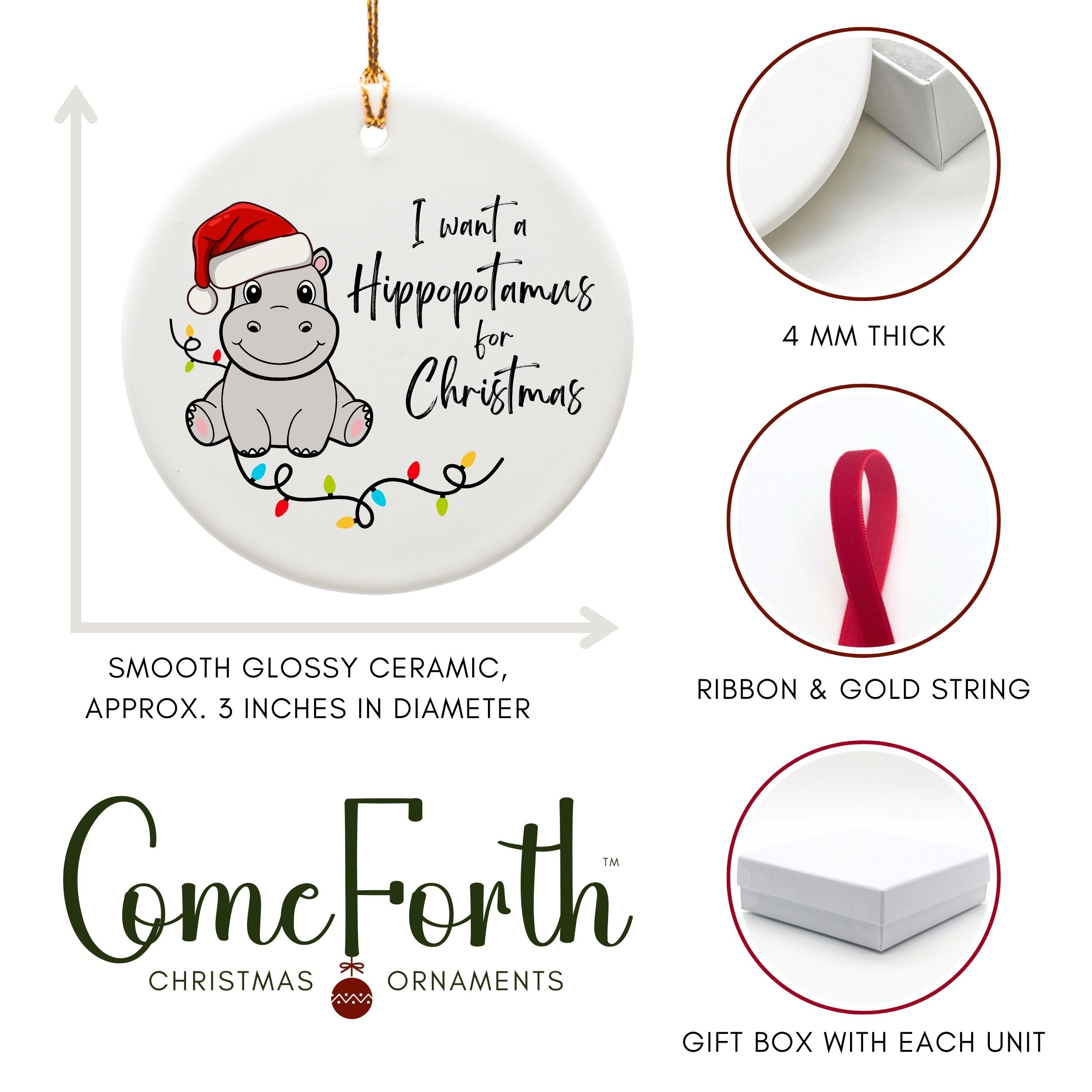 Hippopotamus Christmas Ornament, Cute Hippo Gifts, Wholesale Case of 4