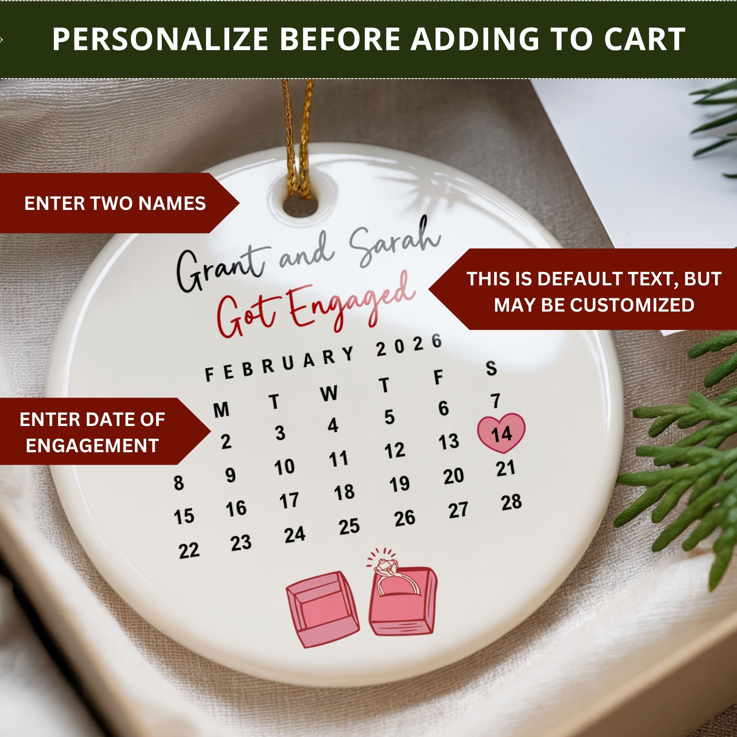 Calendar Engagement Ornament, Engaged Christmas Gift