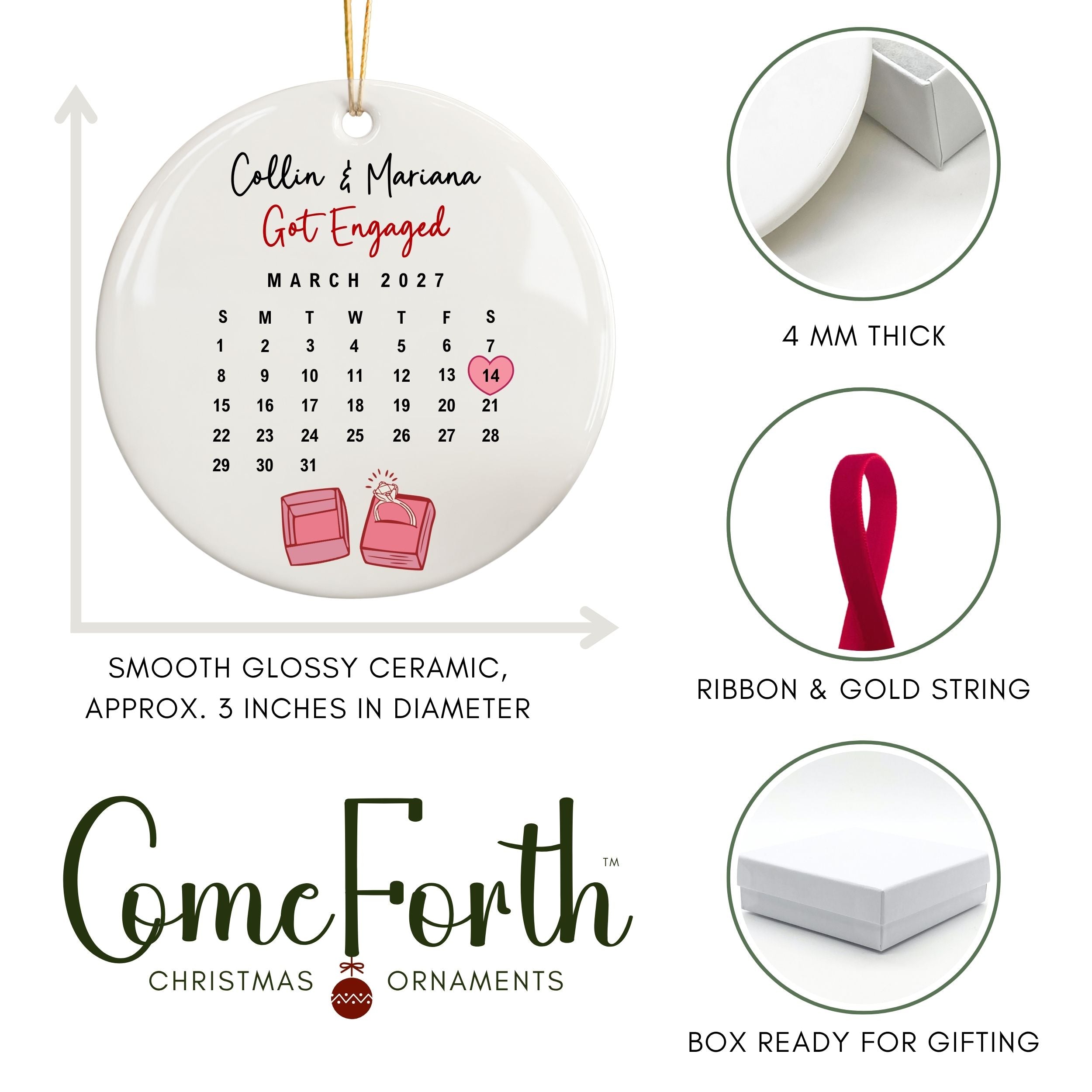 Calendar Engagement Ornament, Engaged Christmas Gift
