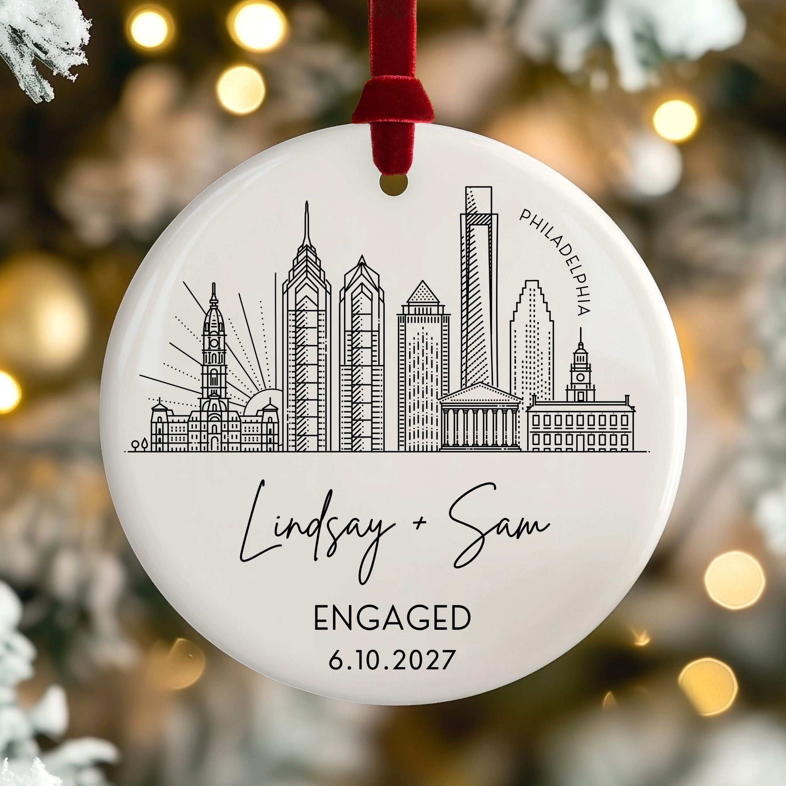 Engaged Ornament, Personalized City Skyline Engagement Gift