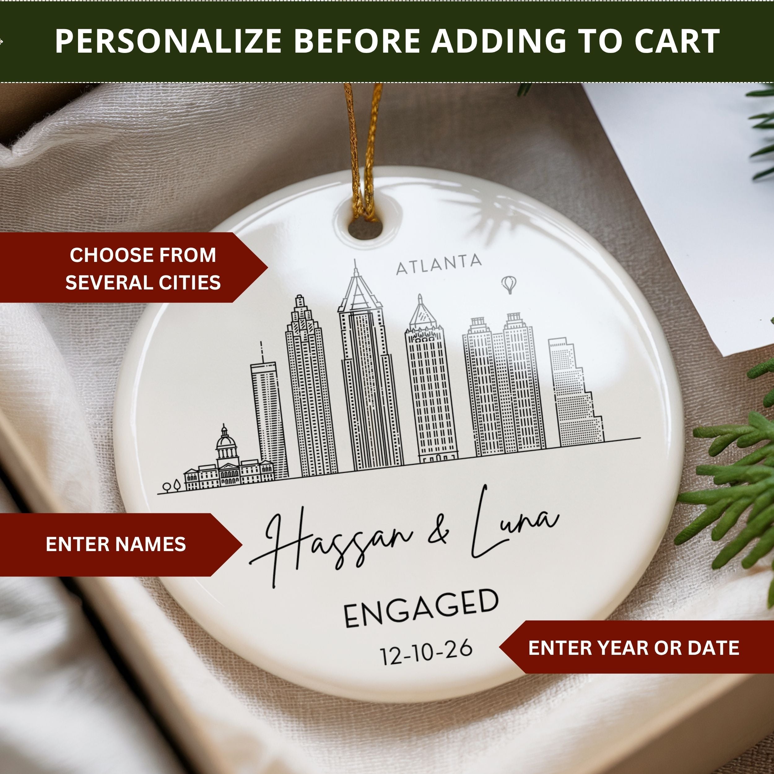 Engaged Ornament, Personalized City Skyline Engagement Gift