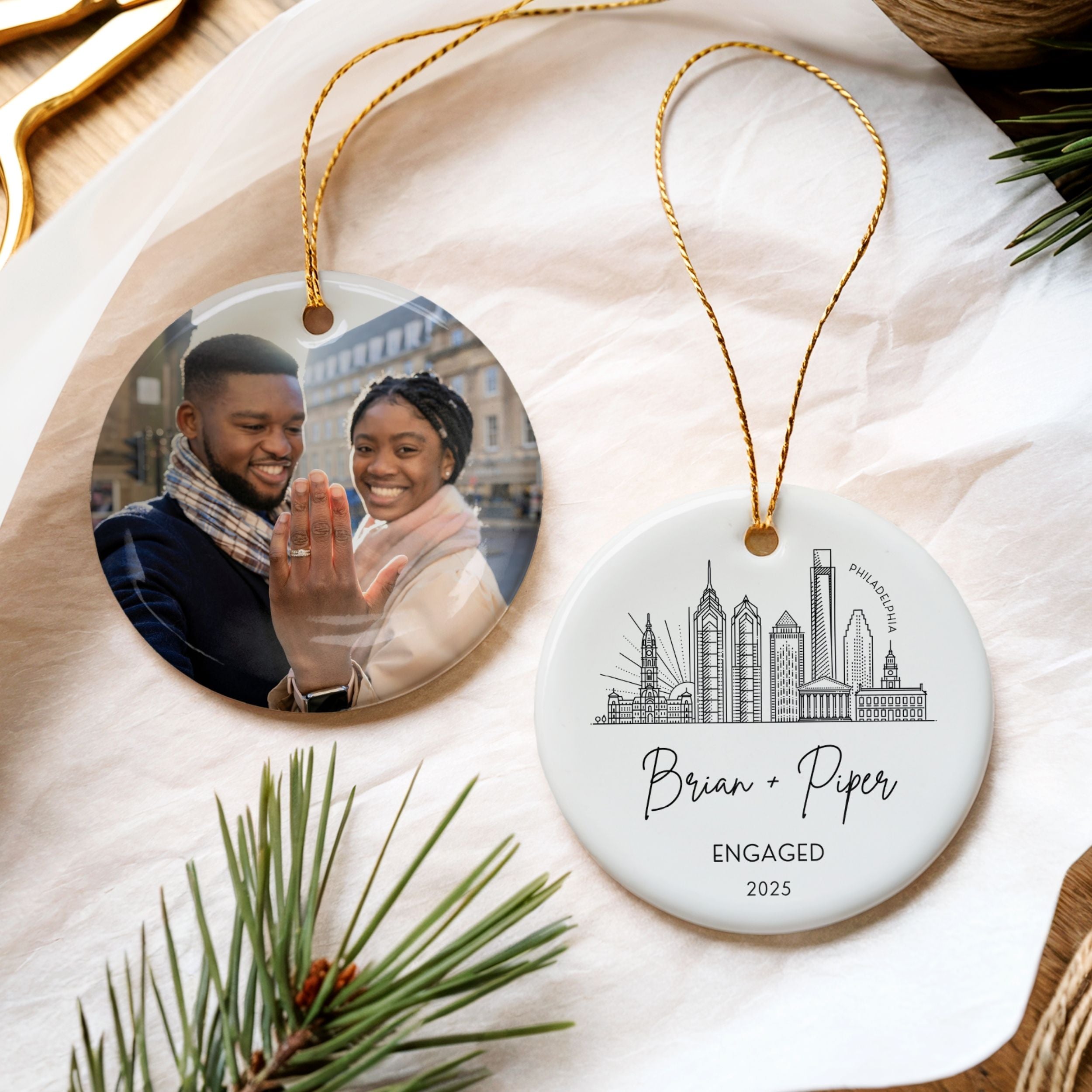 Engaged Ornament, Personalized City Skyline Engagement Gift