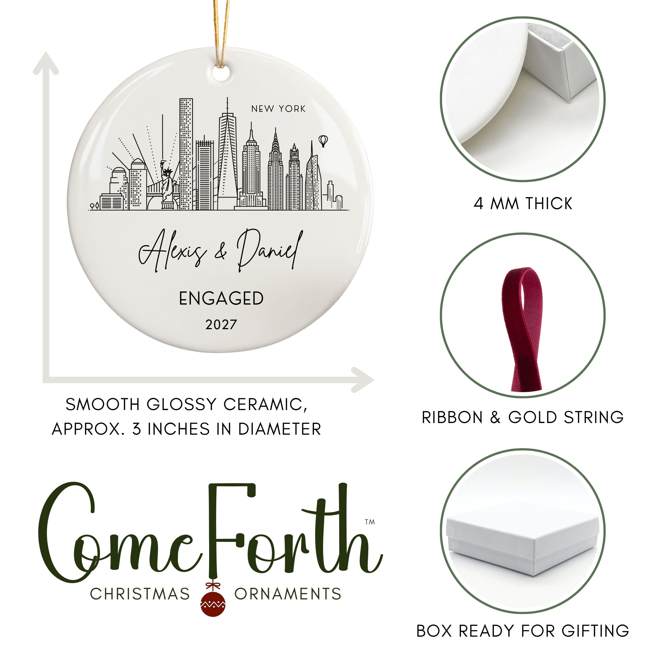 Engaged Ornament, Personalized City Skyline Engagement Gift