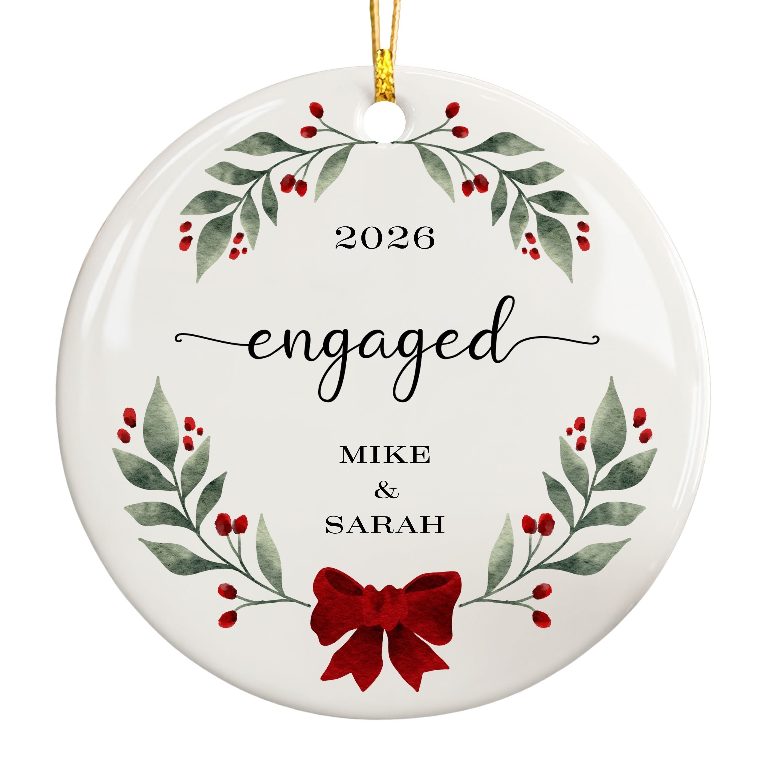 Engaged Christmas Ornament, Personalized Engagement Gift, Holly