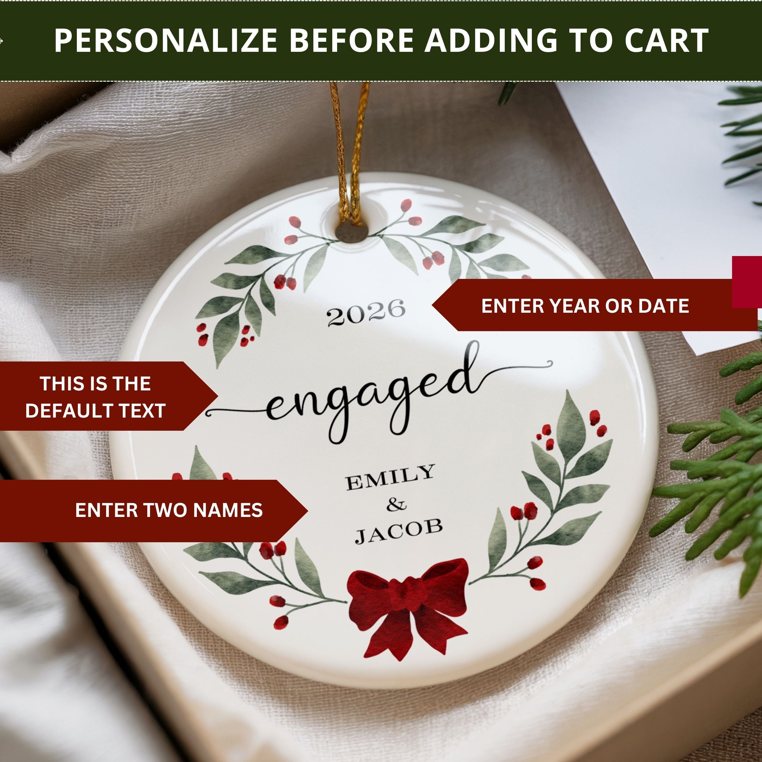 Engaged Christmas Ornament, Personalized Engagement Gift, Holly