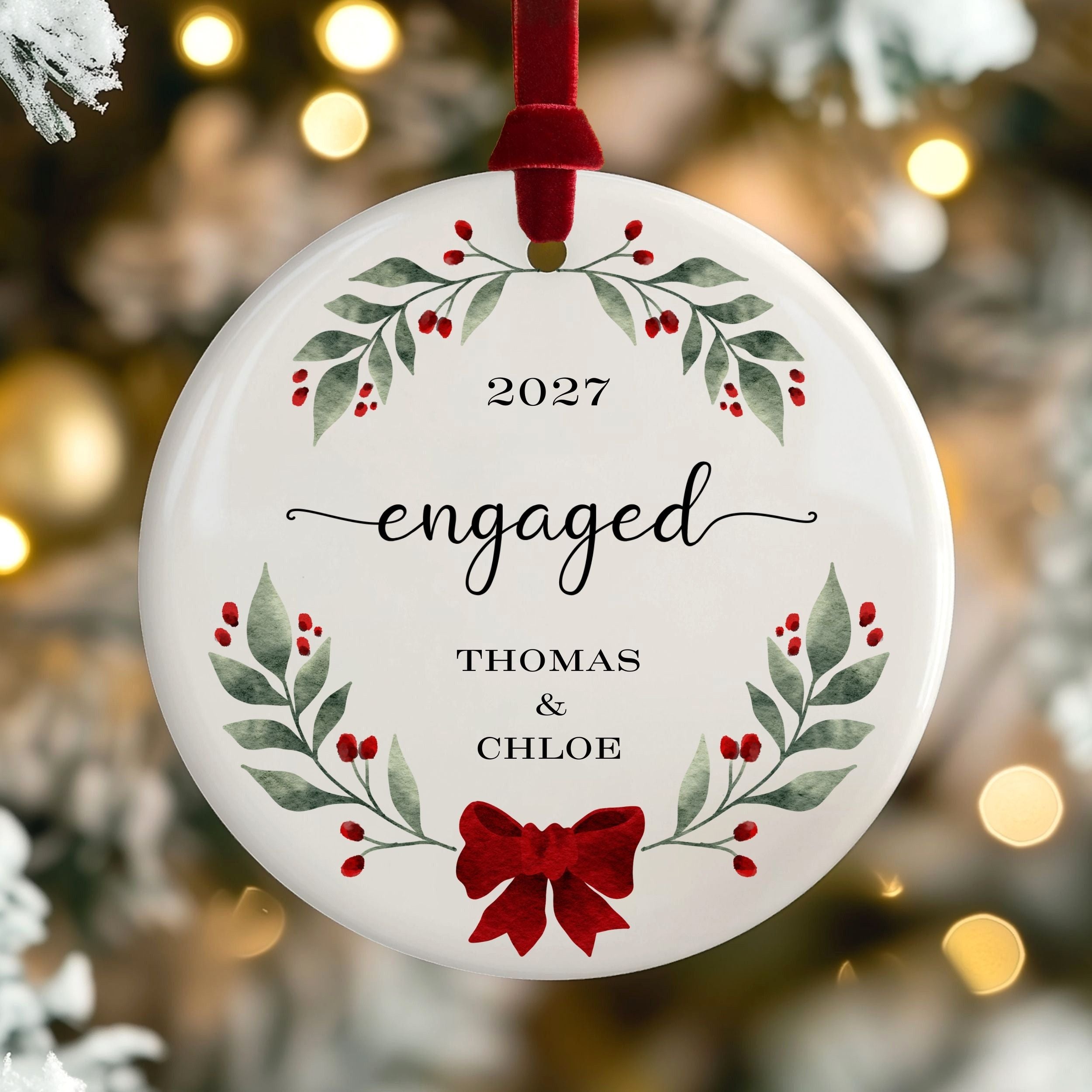 Engaged Christmas Ornament, Personalized Engagement Gift, Holly