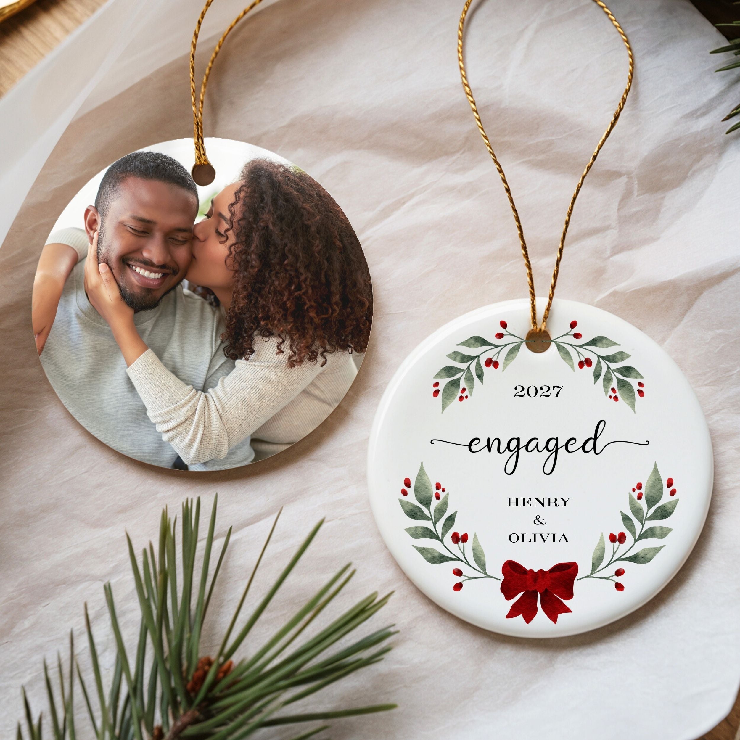 Engaged Christmas Ornament, Personalized Engagement Gift, Holly