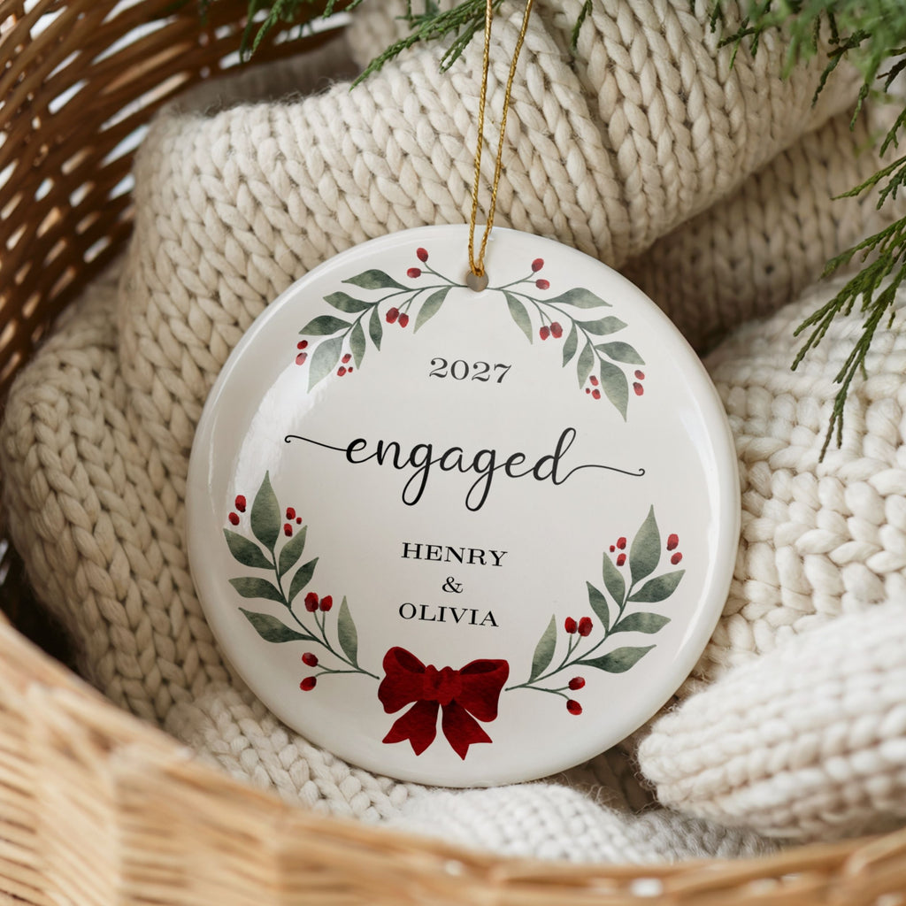 Engaged Christmas Ornament, Personalized Engagement Gift, Holly