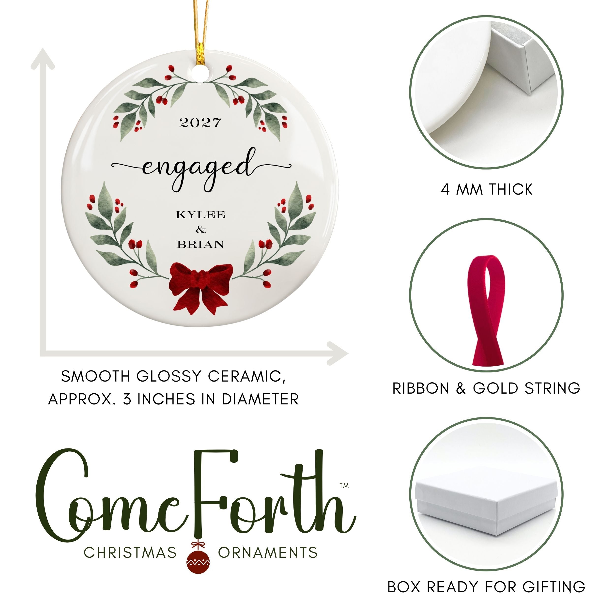 Engaged Christmas Ornament, Personalized Engagement Gift, Holly