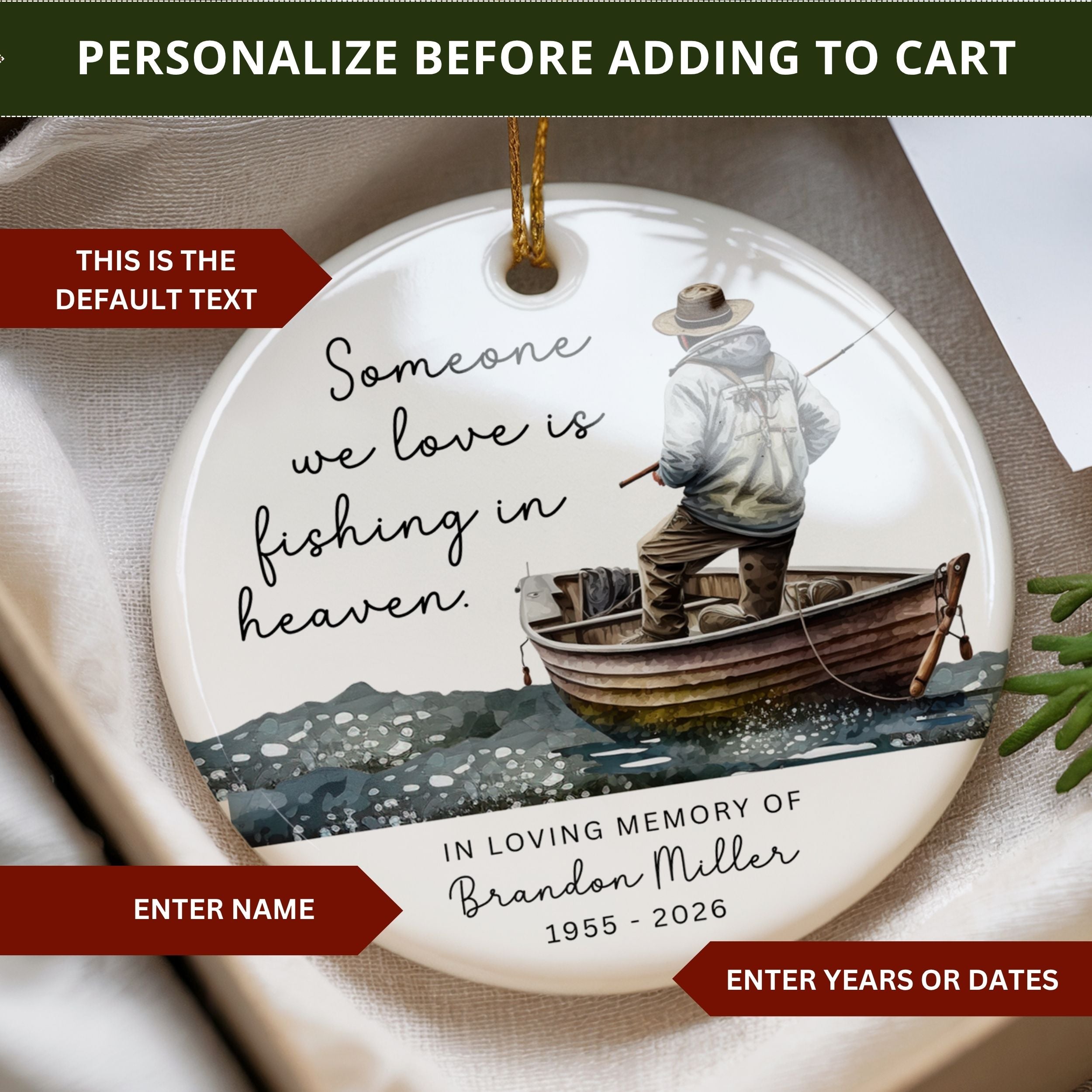 Fishing in Heaven Memorial Christmas Ornament, Custom Sympathy Gift