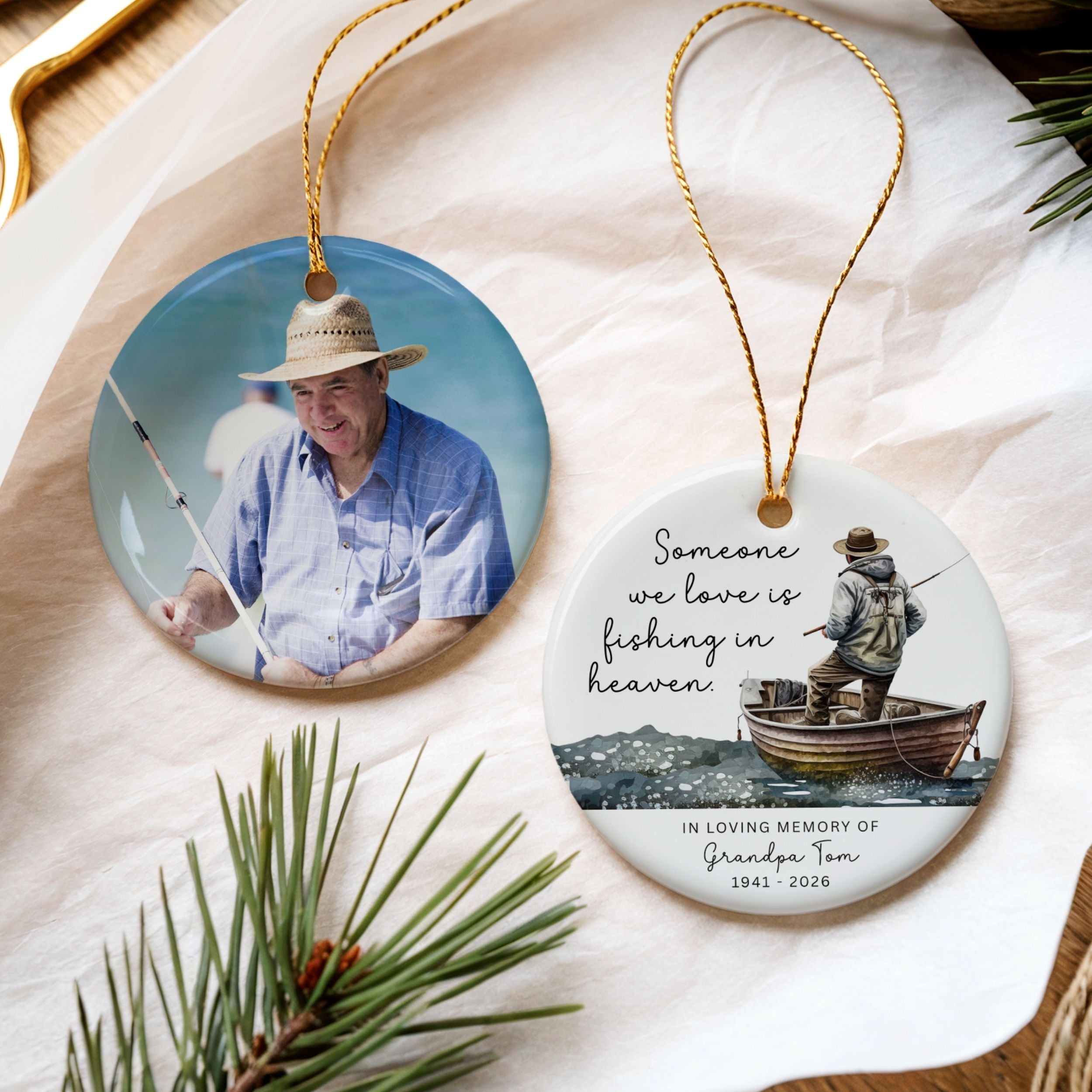 Fishing in Heaven Memorial Christmas Ornament, Custom Sympathy Gift