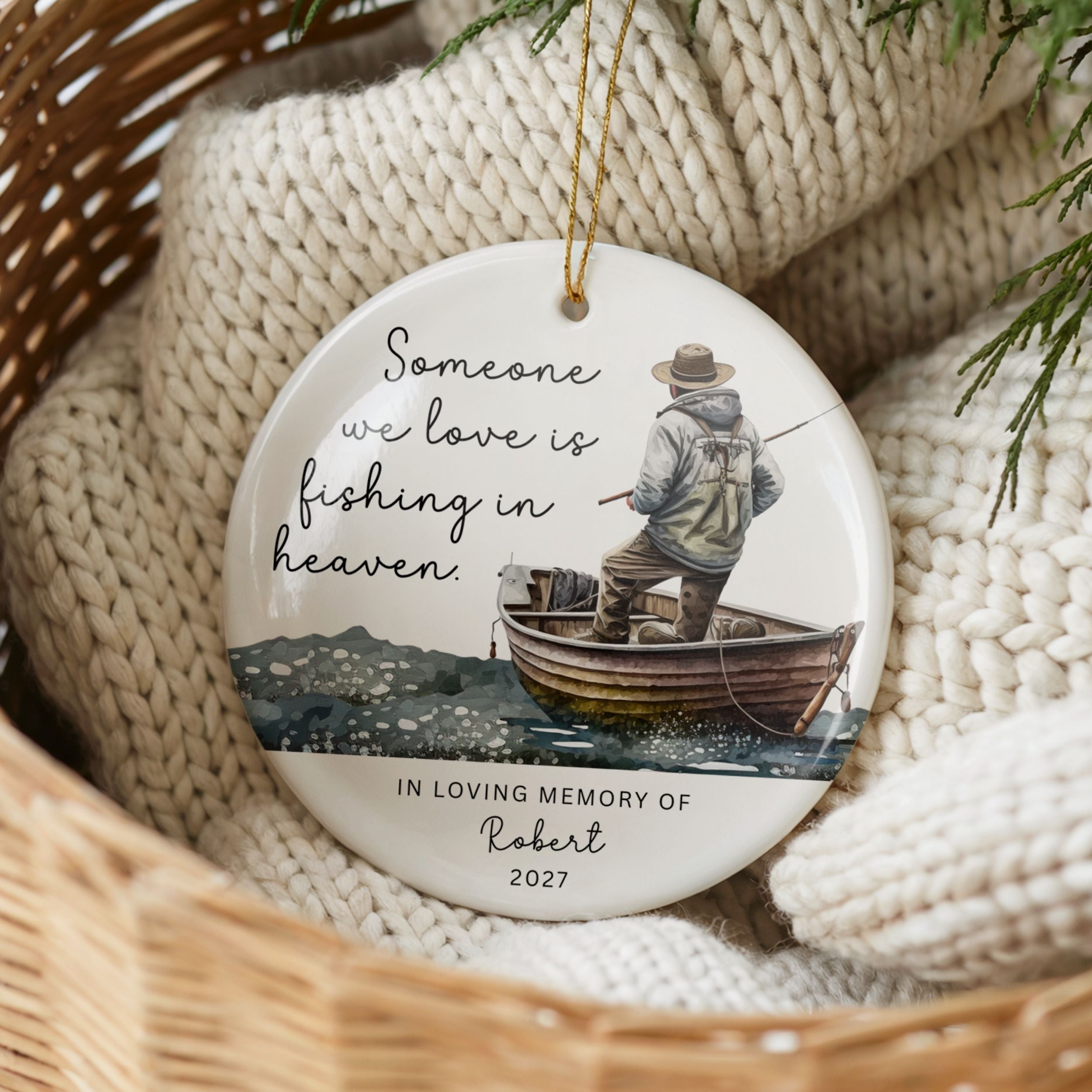 Fishing in Heaven Memorial Christmas Ornament, Custom Sympathy Gift