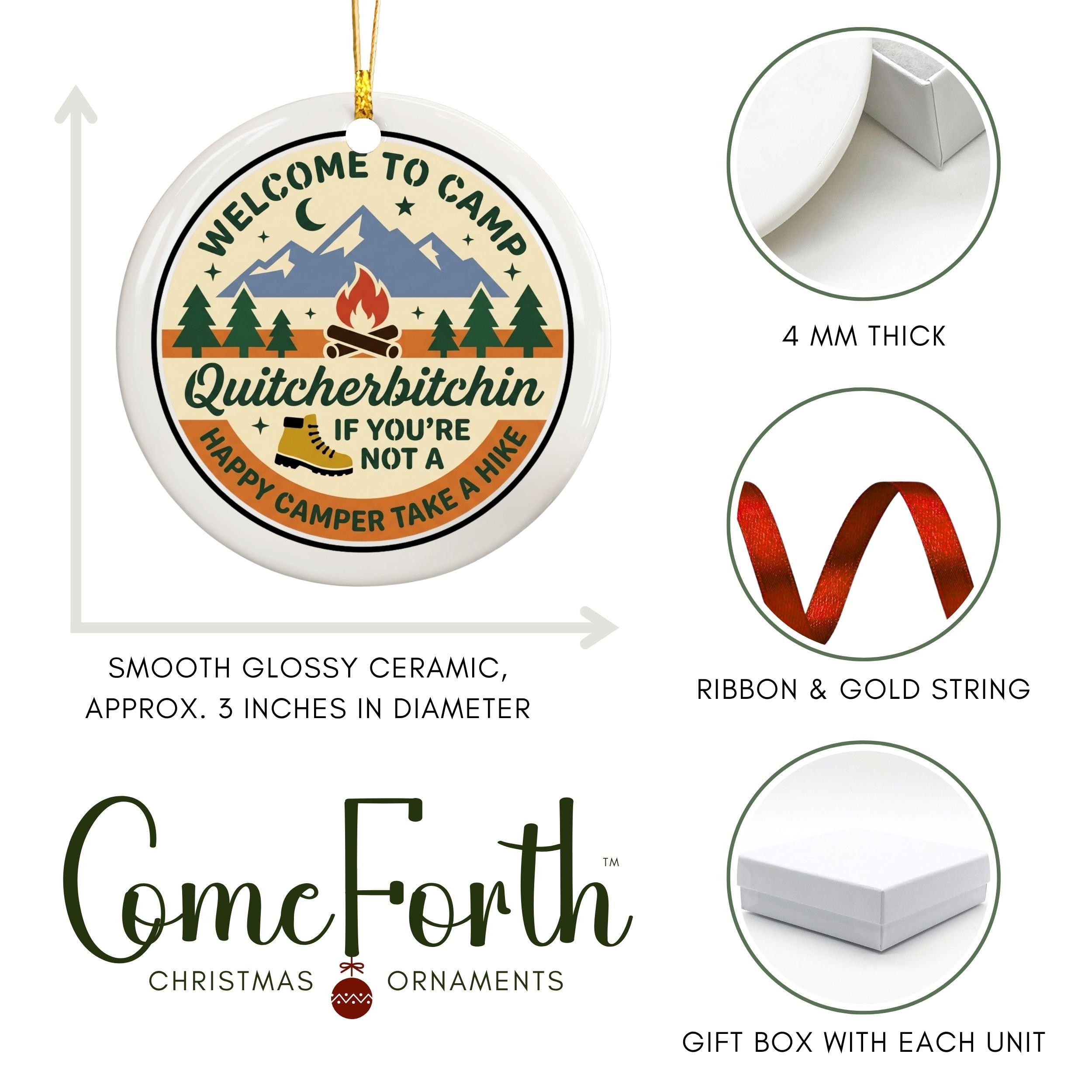 Happy Camper Ornament, Funny Camping Souvenir Gift, Wholesale Case of 4