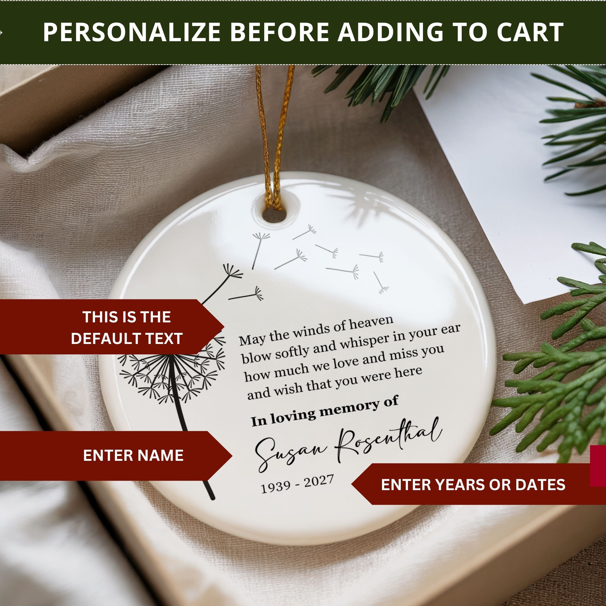 Dandelion Memorial Christmas Ornament, Personalized Sympathy Gift