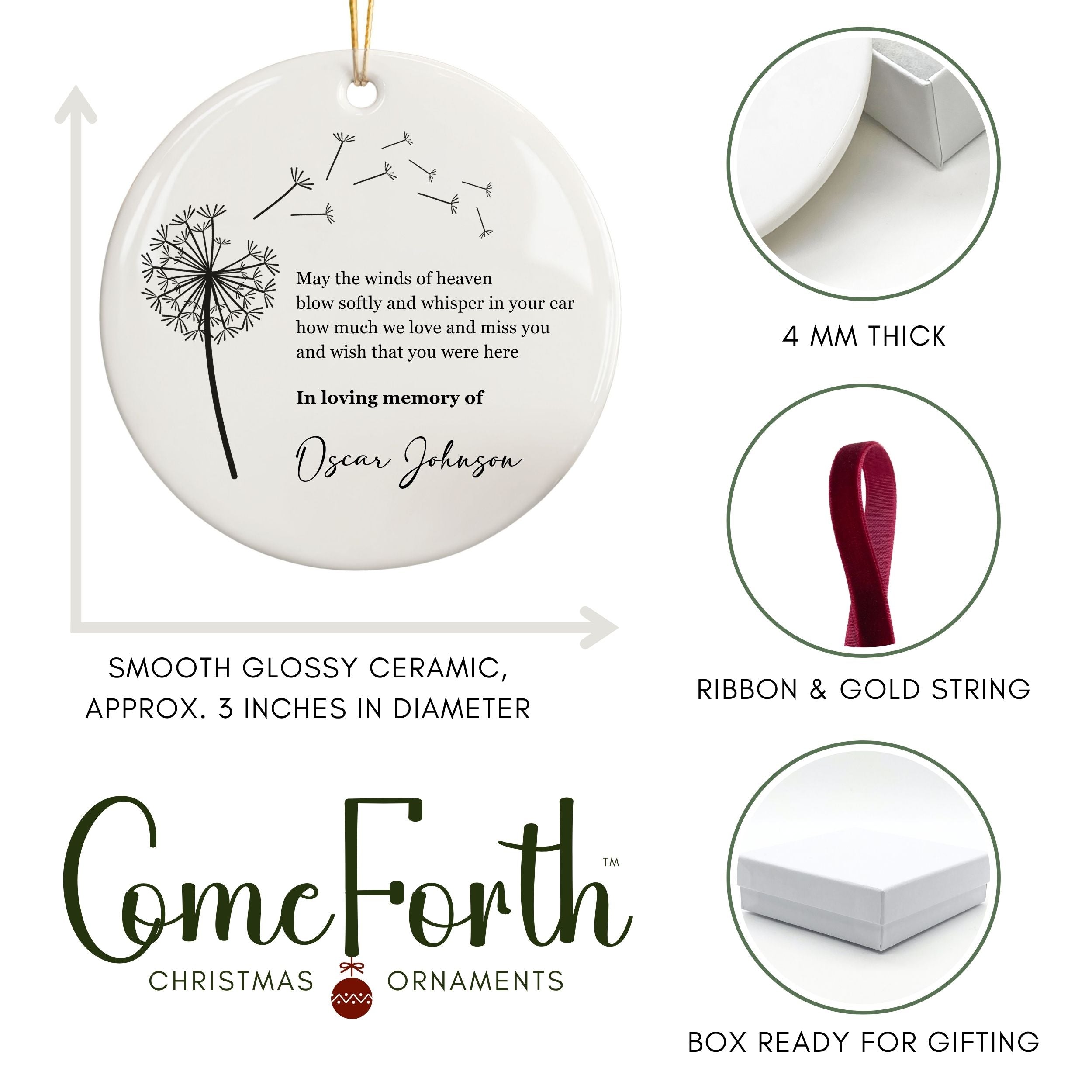 Dandelion Memorial Christmas Ornament, Personalized Sympathy Gift