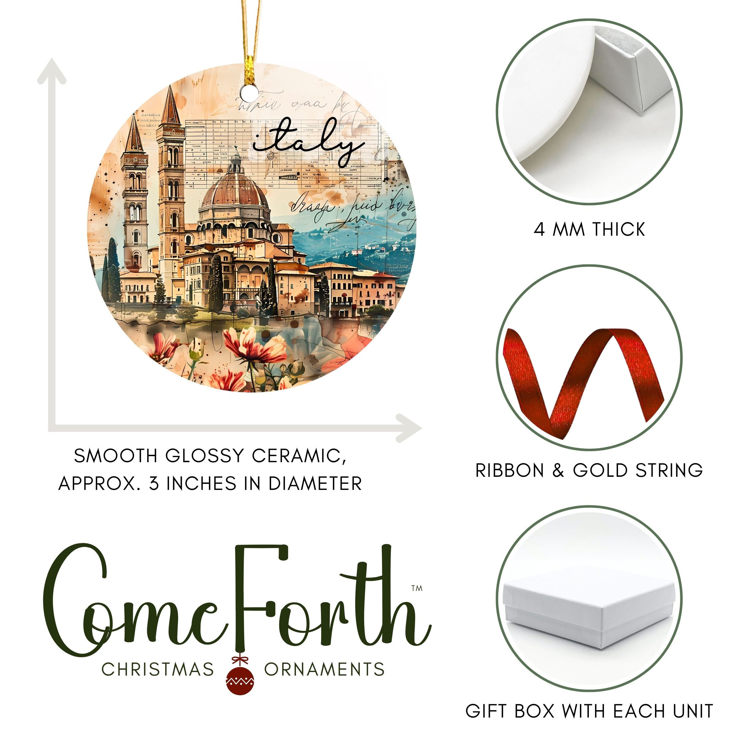 Italy Souvenir Gifts, Tuscany Italian Christmas Ornament, Wholesale Case of 4