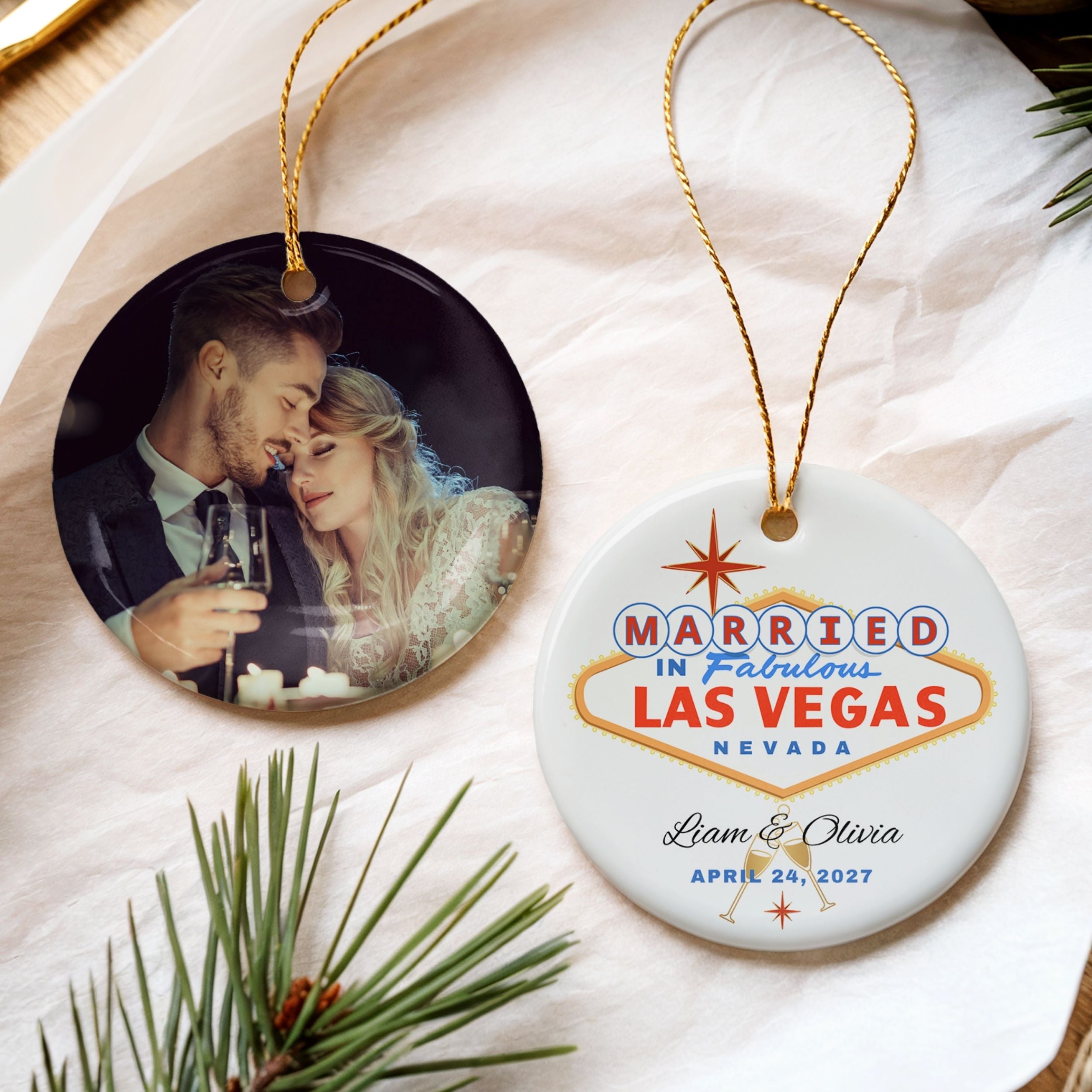 Las Vegas Married Ornament, Personalized Wedding Gift