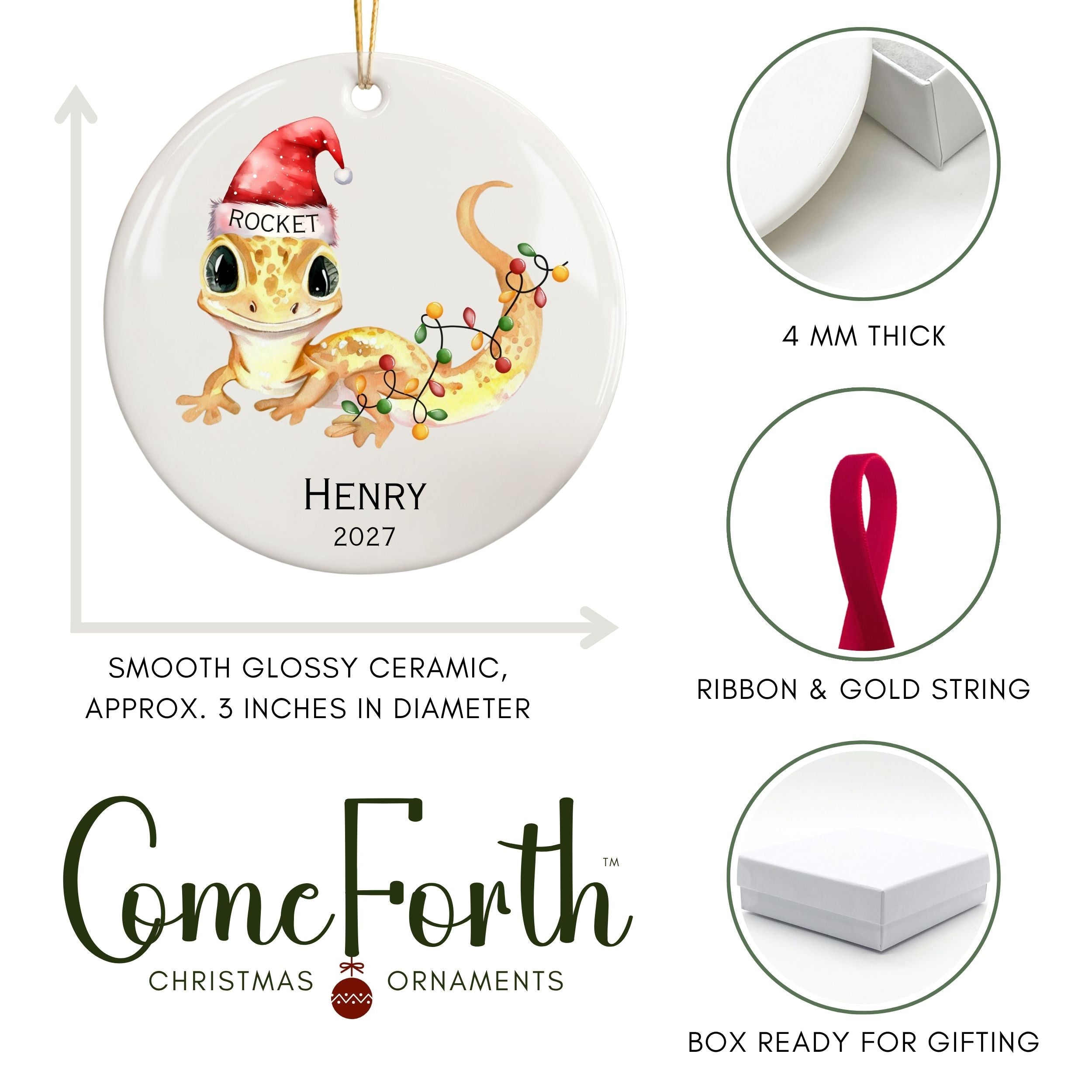 Personalized Gecko Ornament, Pet Lizard Bearded Dragon Christmas Keepsake