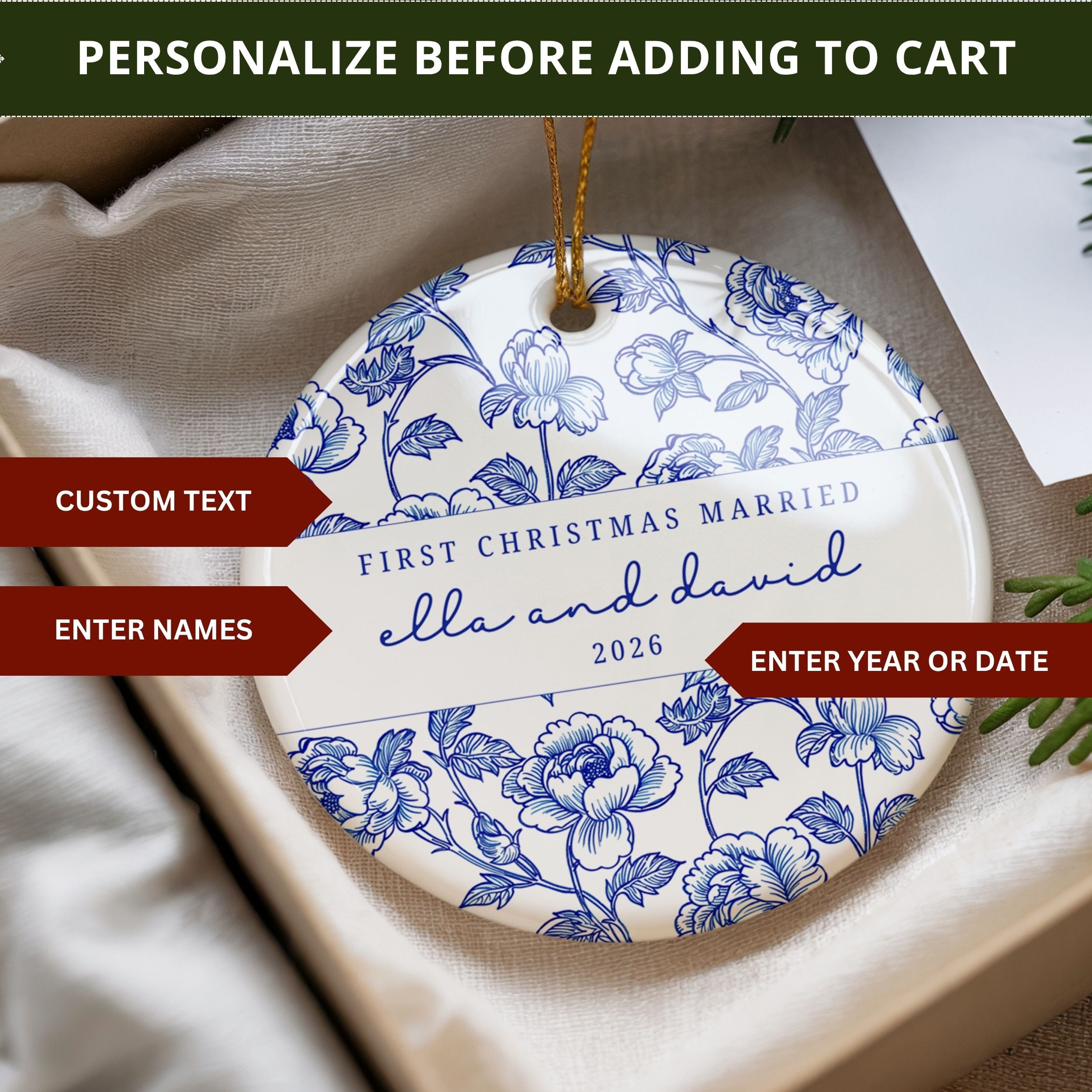 Chinoiserie Married Ornament, Our First Christmas Personalized Gift