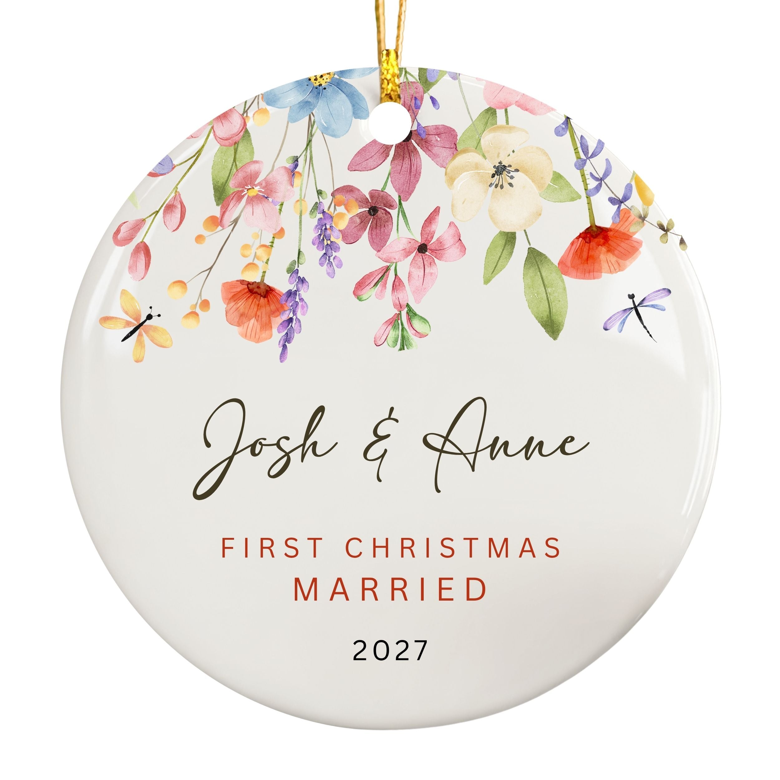 Wildflower Wedding Ornament, First Christmas Married Personalized Gift
