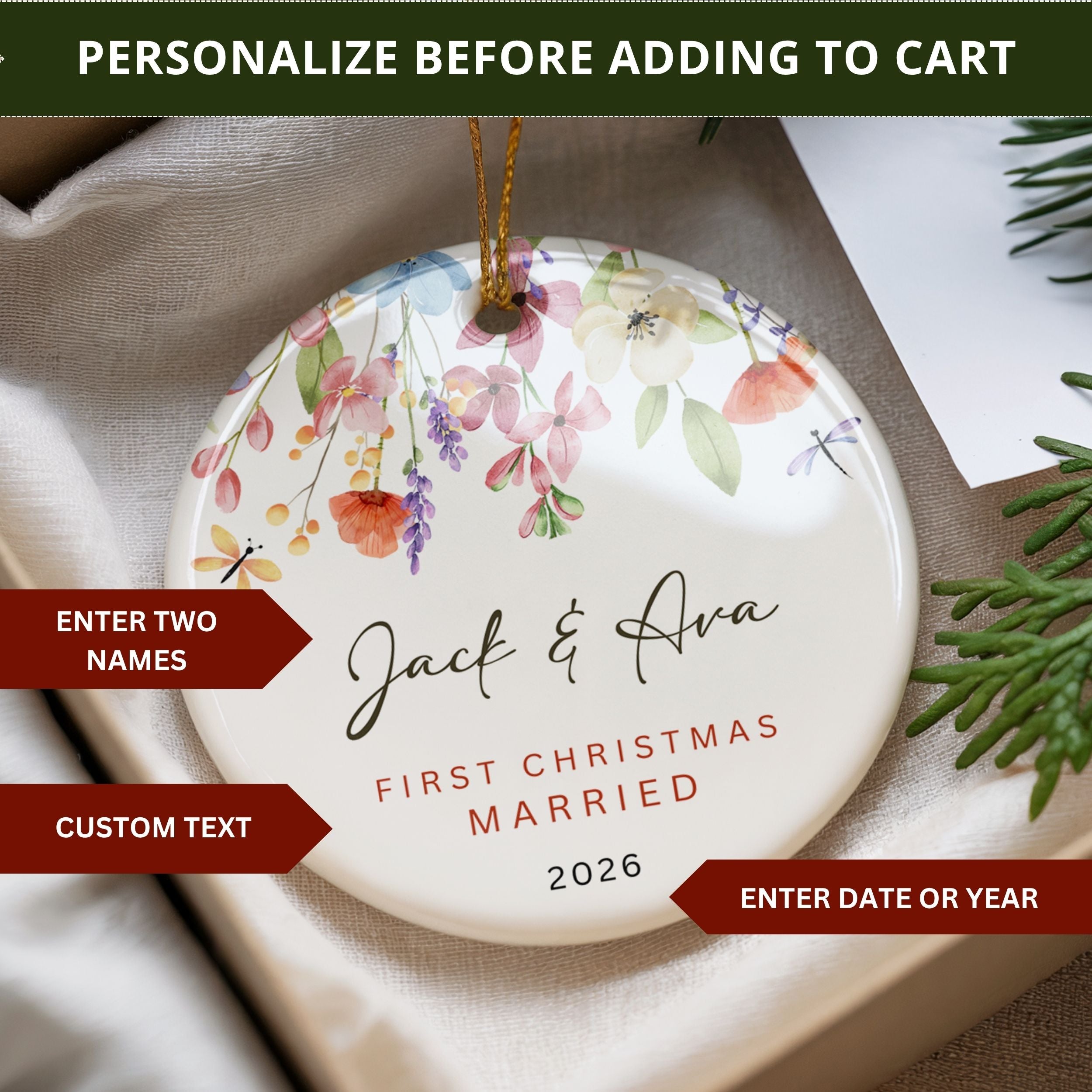 Wildflower Wedding Ornament, First Christmas Married Personalized Gift