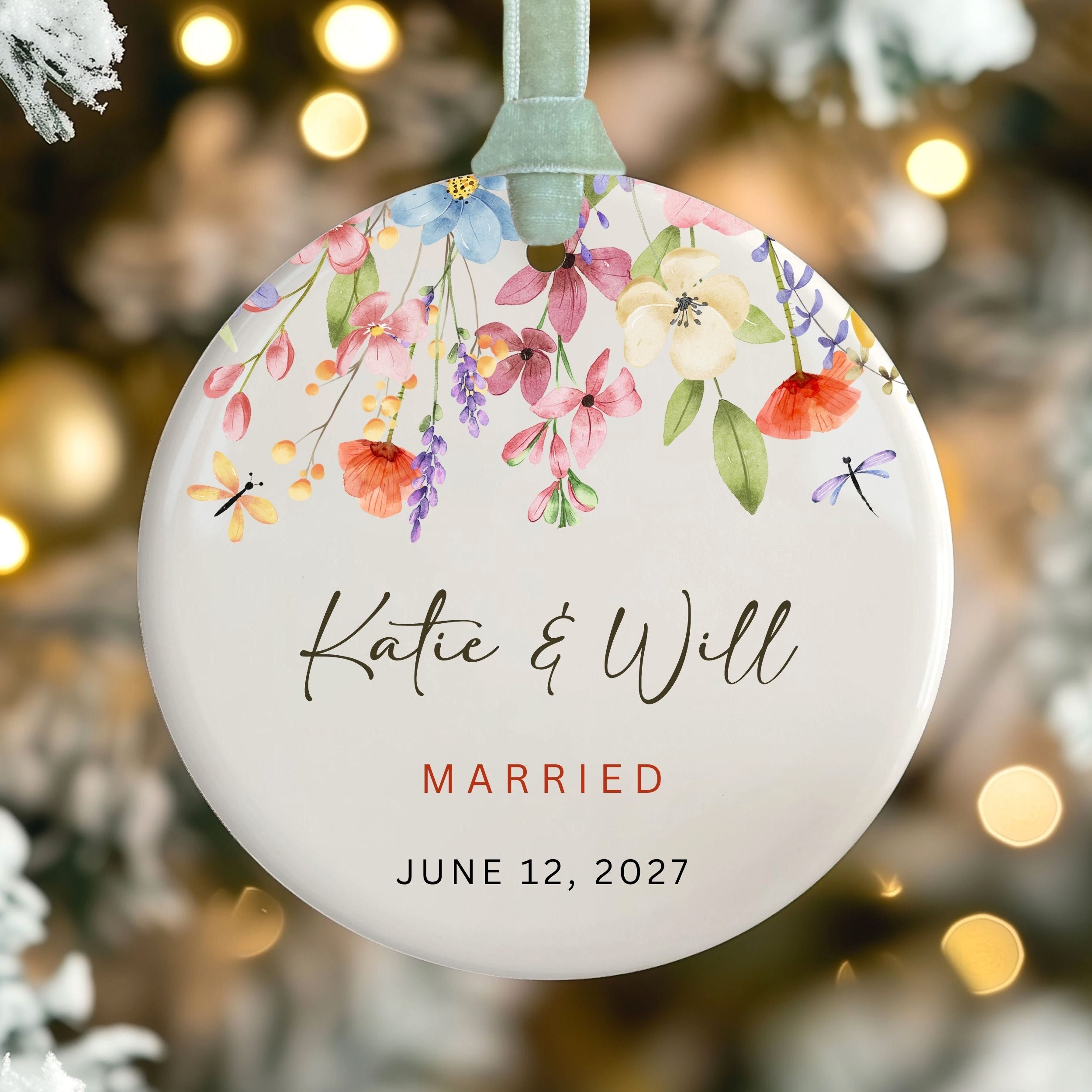 Wildflower Wedding Ornament, First Christmas Married Personalized Gift