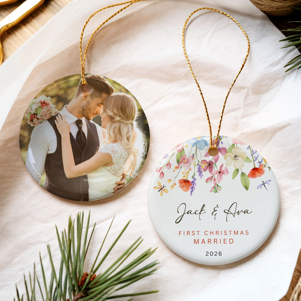 Wildflower Wedding Ornament, First Christmas Married Personalized Gift