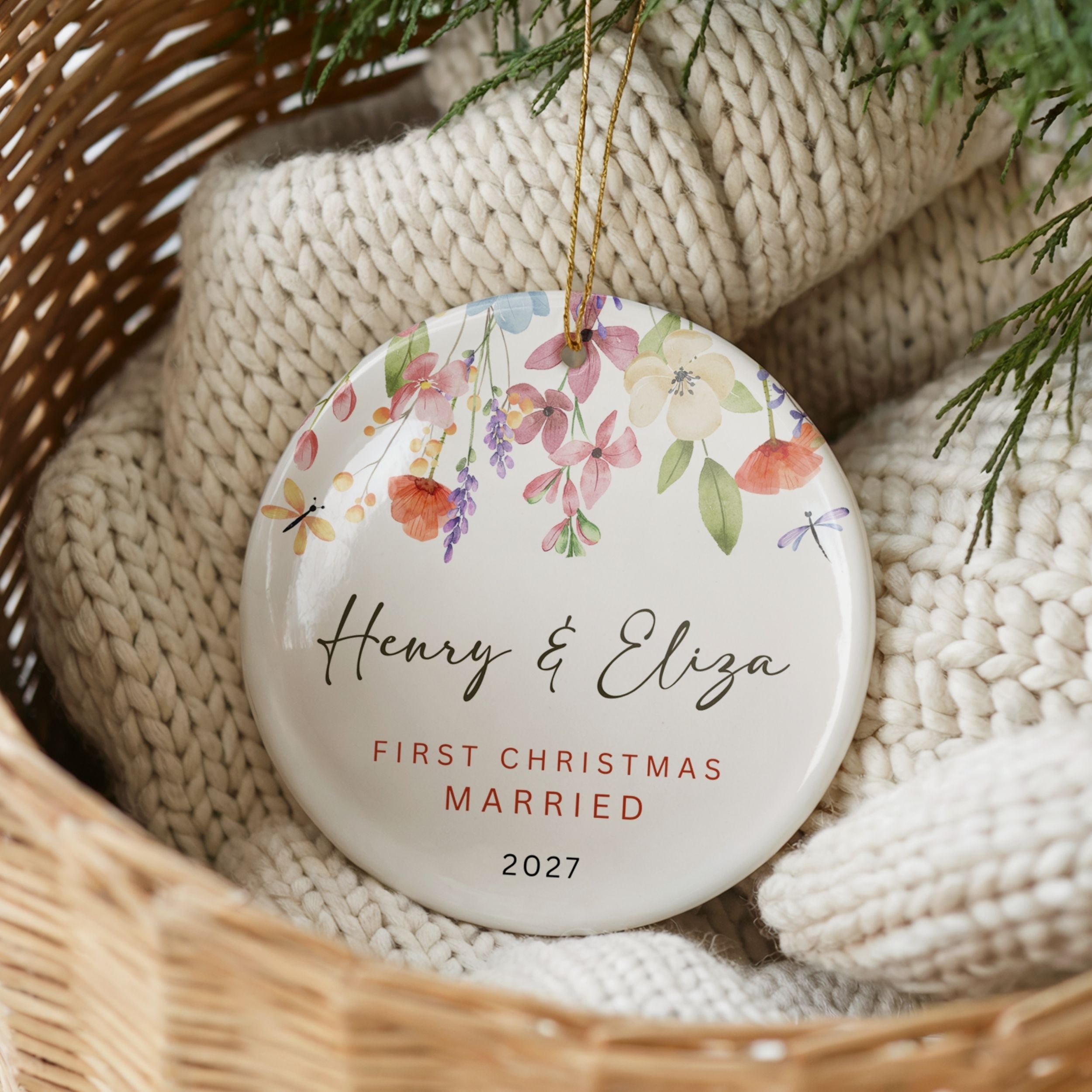 Wildflower Wedding Ornament, First Christmas Married Personalized Gift