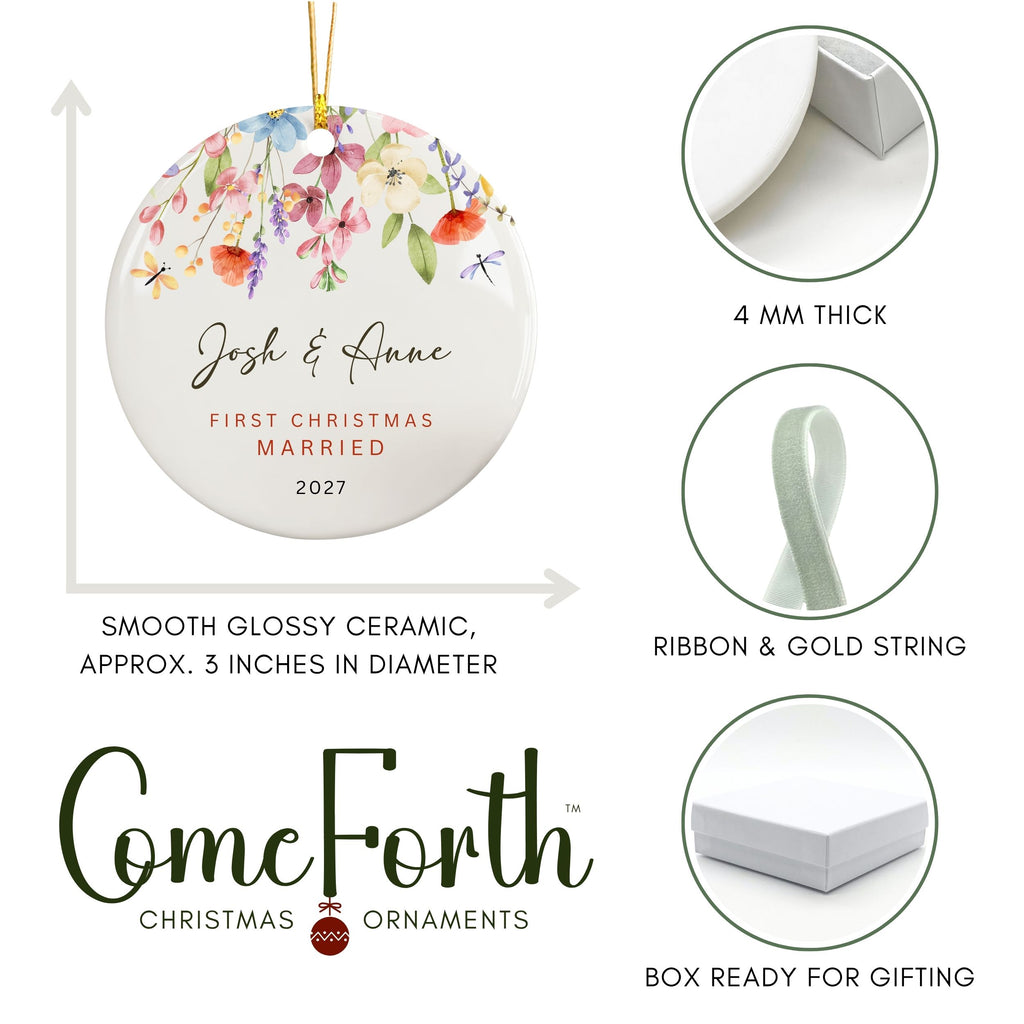 Wildflower Wedding Ornament, First Christmas Married Personalized Gift